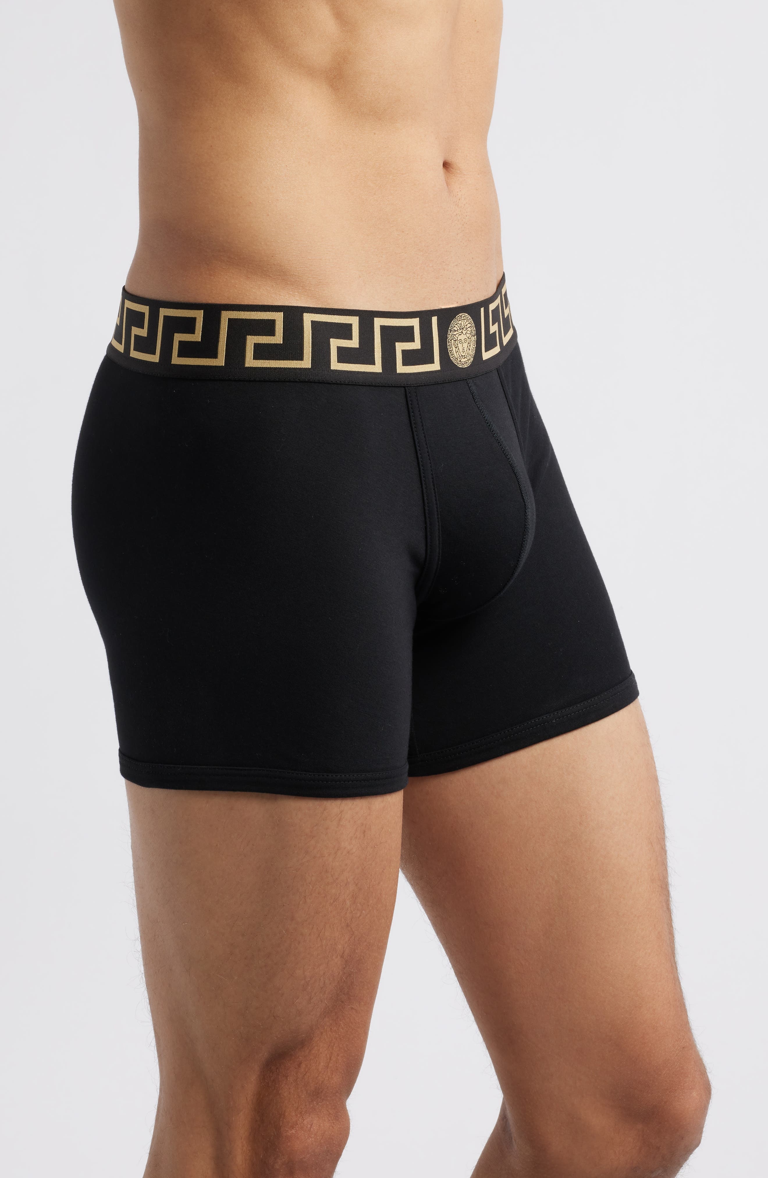 Versace 2-Pack Greca Border Stretch Cotton Boxer Briefs in Black Gold Greek Key at Nordstrom - 2