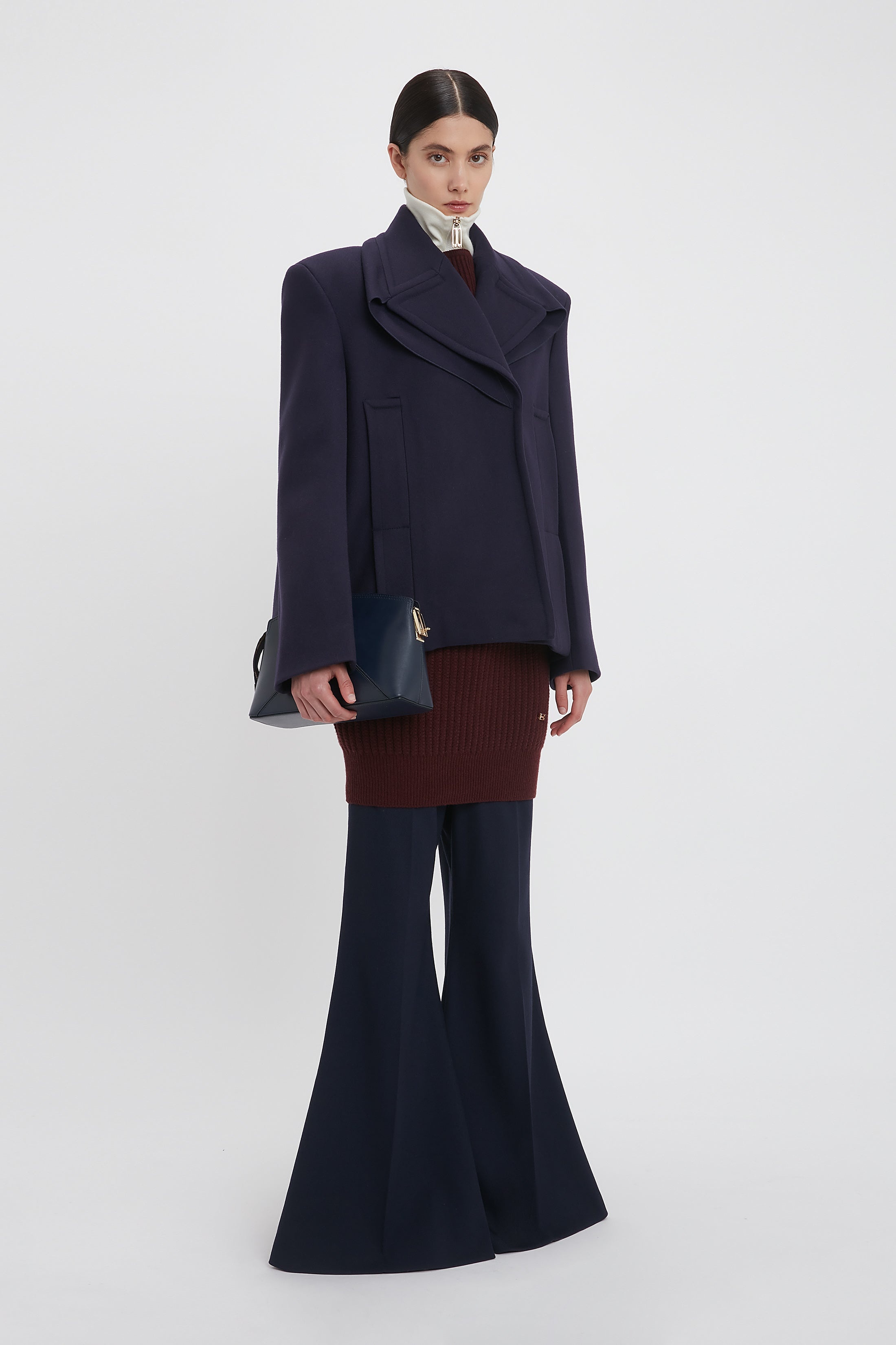 Pointed Shoulder Pea Coat In Ink Blue - 6
