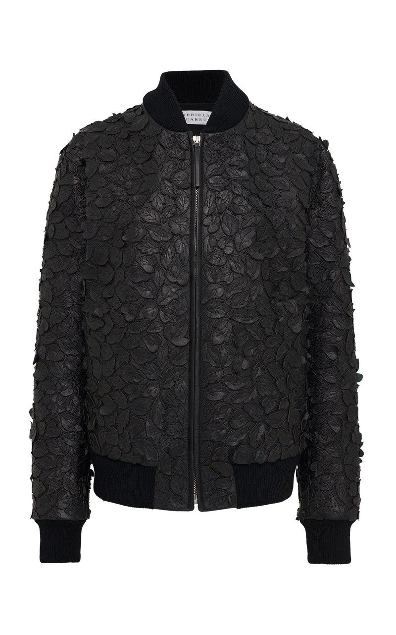 Winslow Embroidered Leaves Bomber in Black Nappa Leather 1