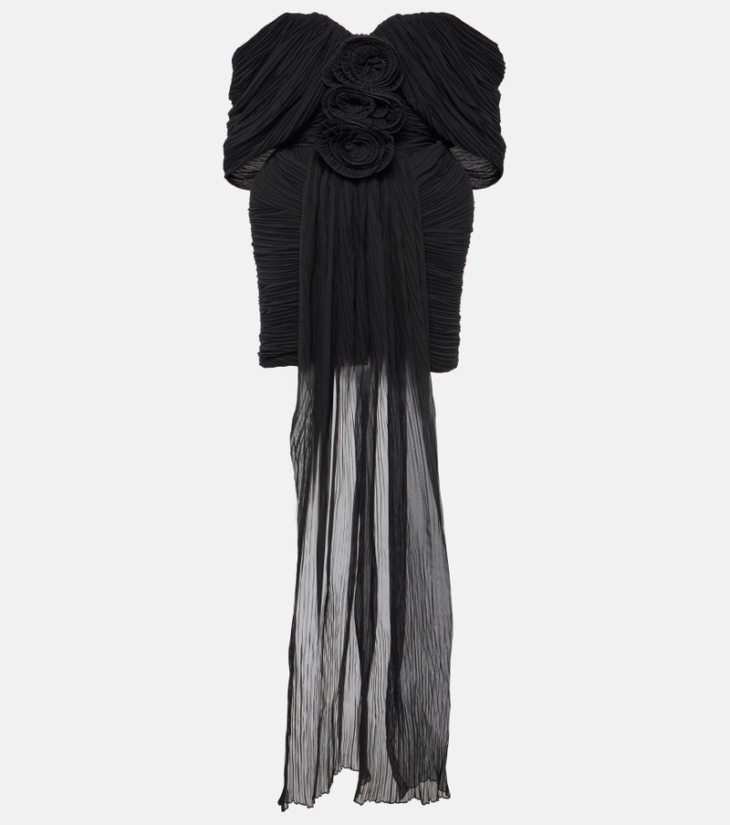 Floral-appliqué off-shoulder silk minidress 1