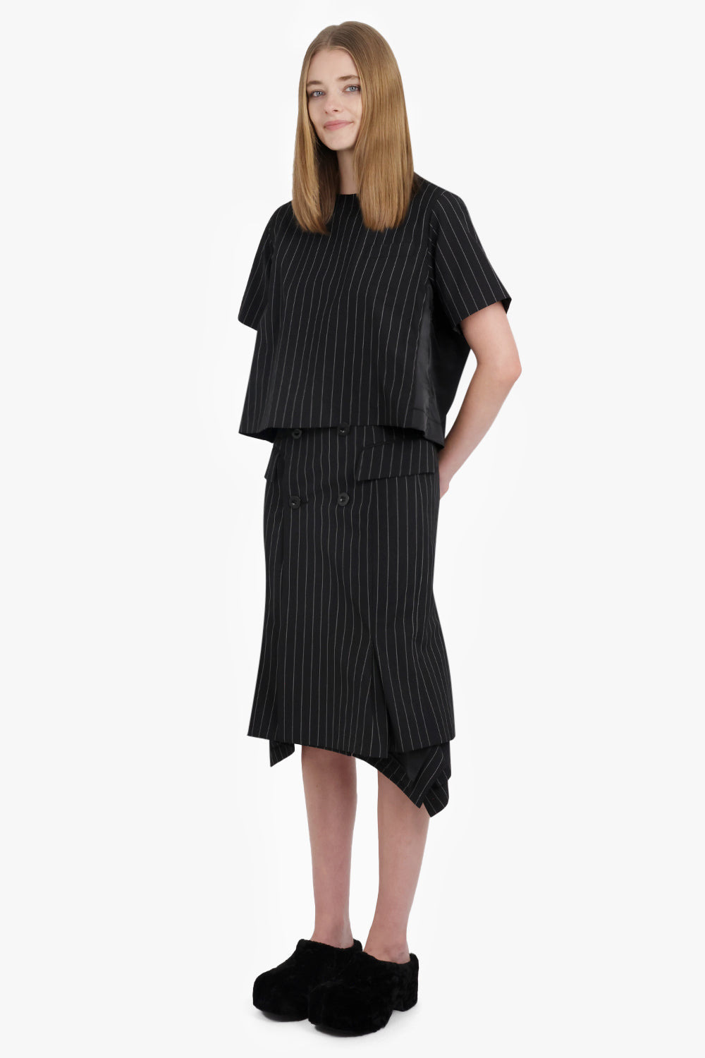 ASYMMETRIC FLARED HEM STRIPE MIDI SKIRT WITH BUTTON DETAIL | BLACK/WHITE - 3