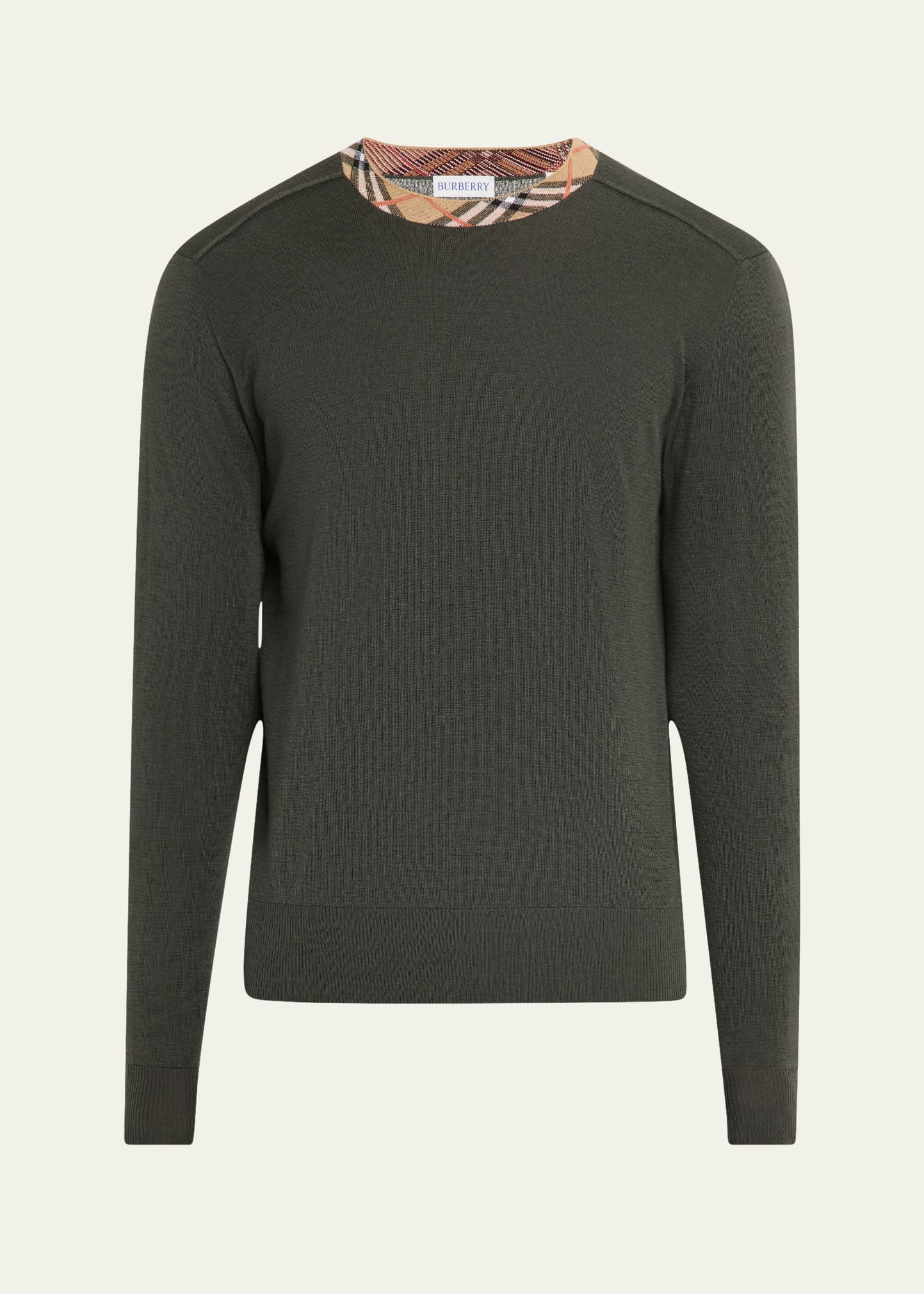 Men's Wool Knit Check-Trim Crewneck Sweater - 1