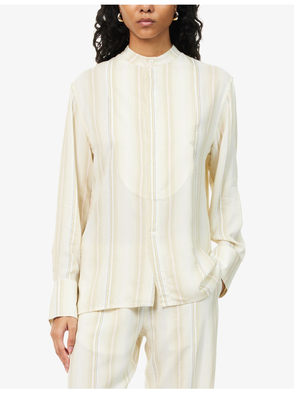 Striped Band-Collar Woven Shirt - 3