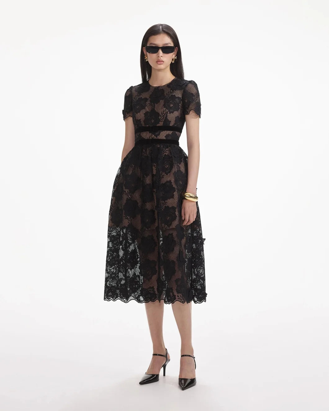 BLACK LACE VELVET BOW MIDI DRESS - 2