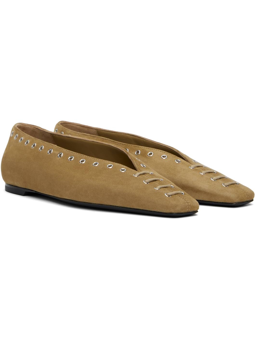 Tan Suede Lace-Up Ballerina Flats - 4
