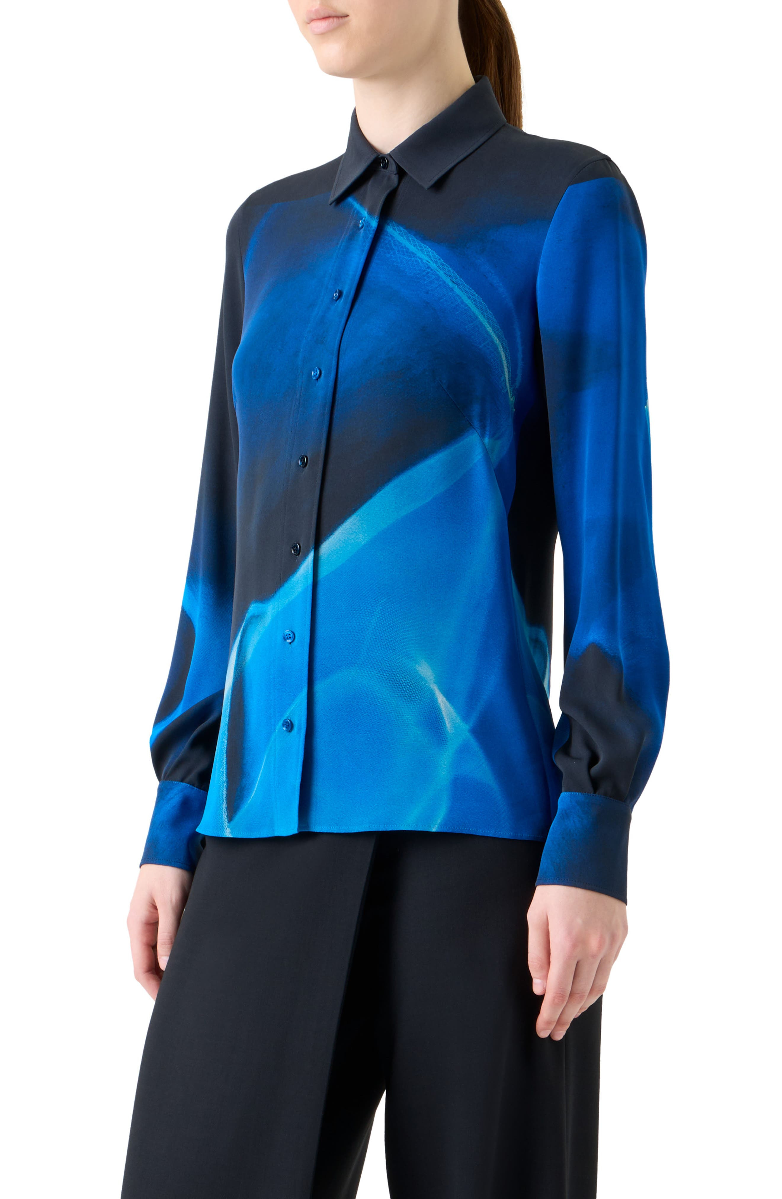 Akris Cyanotype Print Silk Crepe Button-Up Shirt in Navy-Royal at Nordstrom - 3