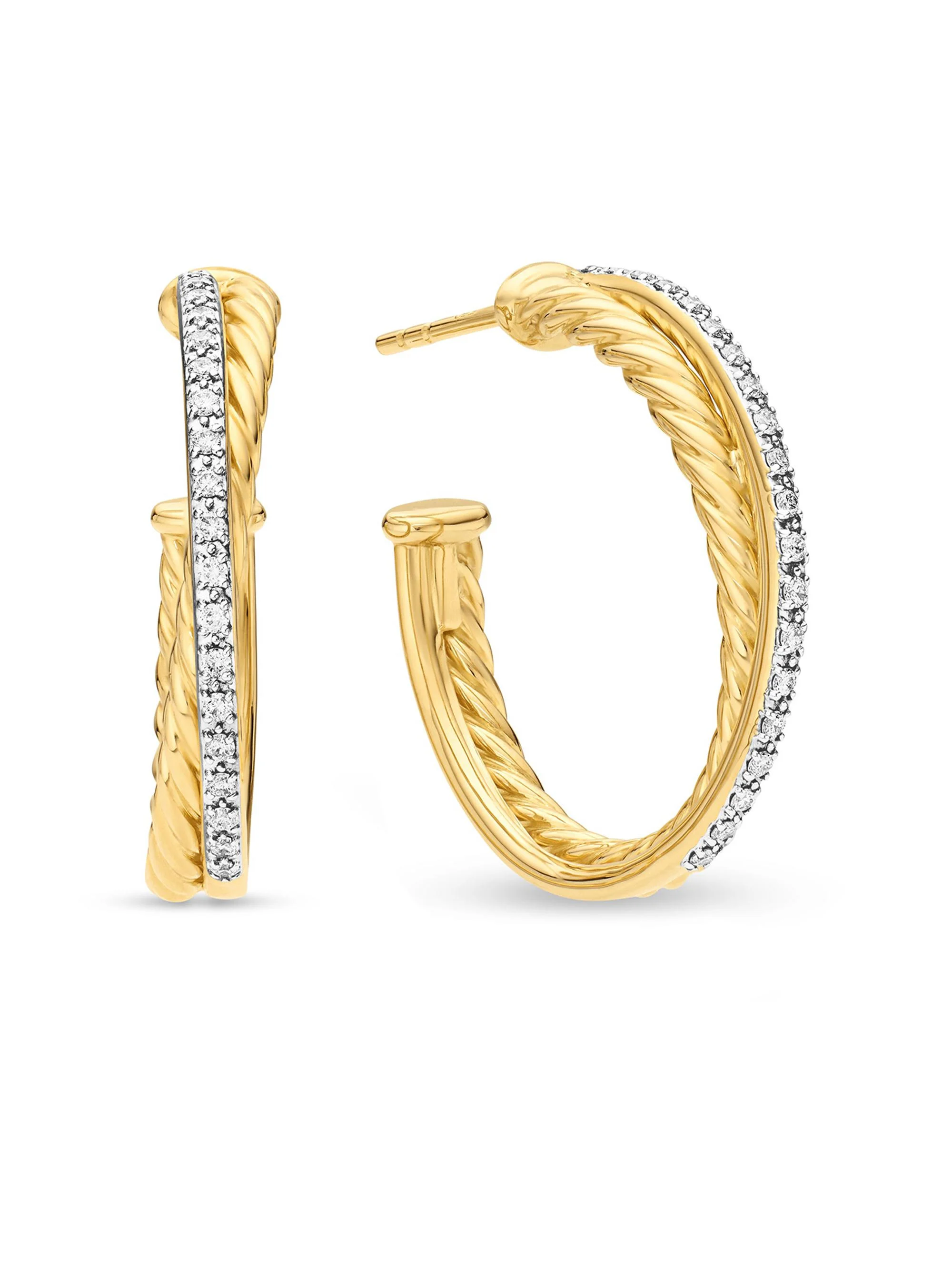 Women's Crossover Hoop Earrings in 18K Yellow Gold with Diamonds, 26.5mm - Diamond - 1
