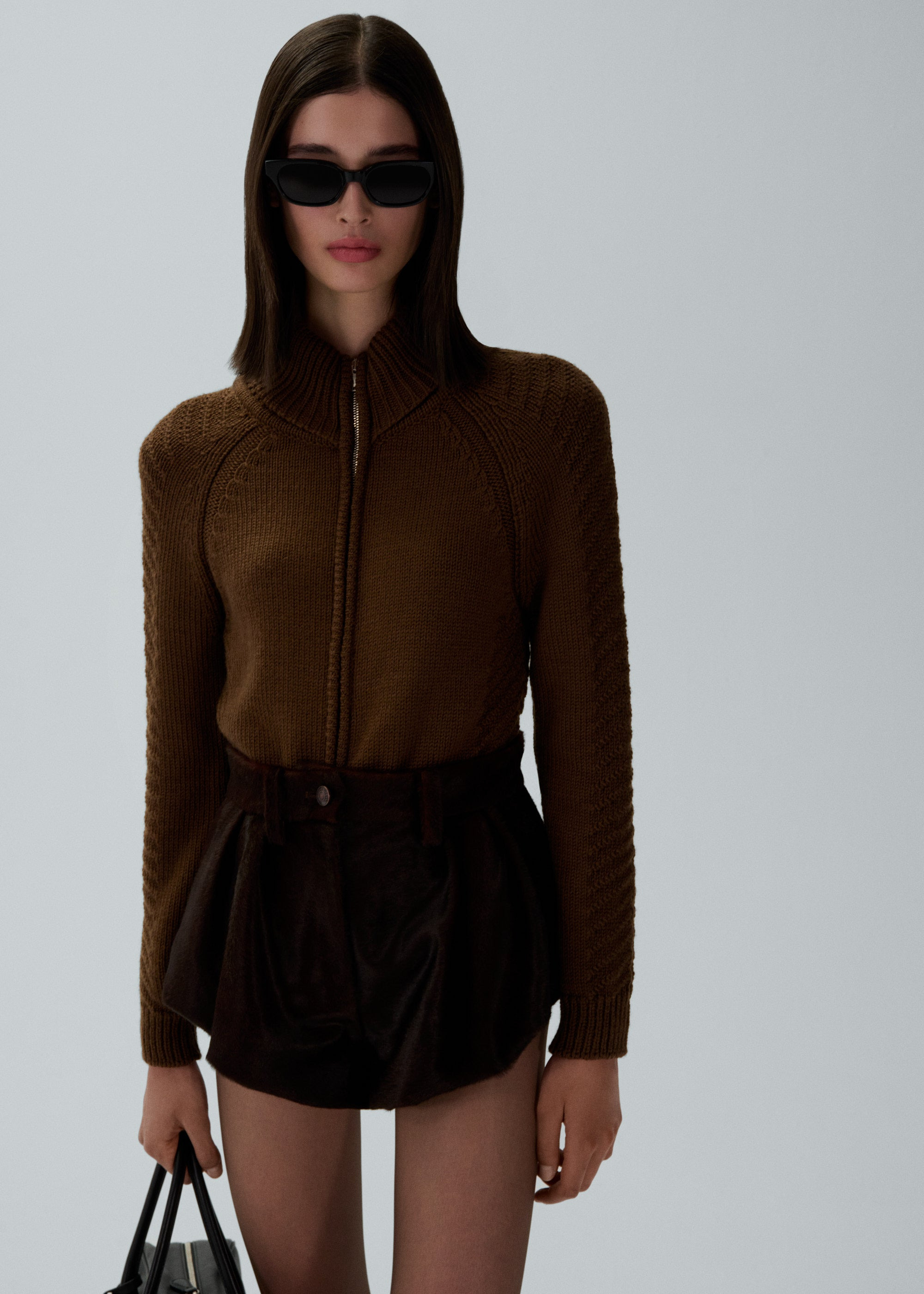 Zip up knitwear sweater in light brown - 3