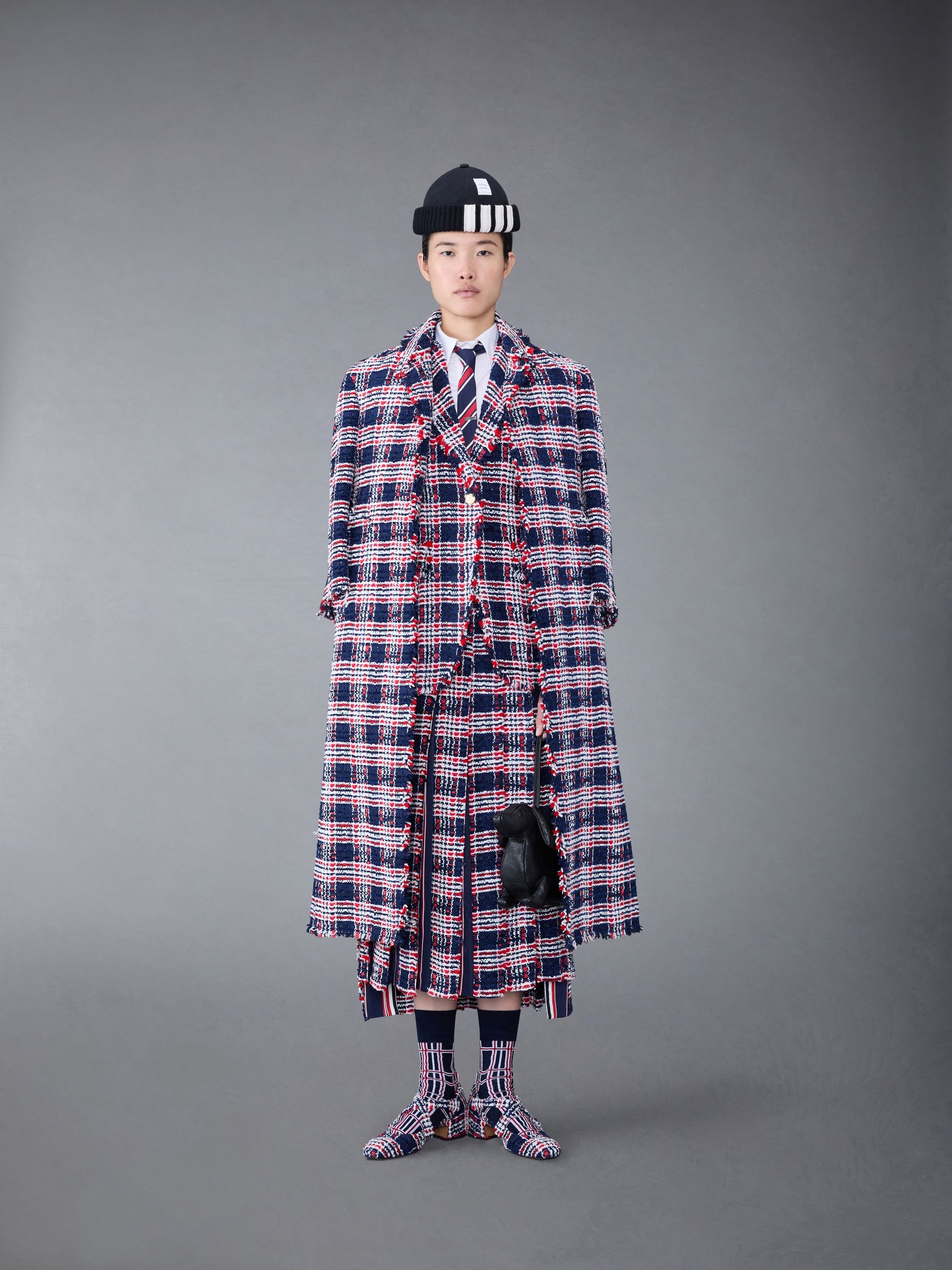 Prince of Wales Check Frayed Chenille Tweed Elongated Bal Collar Coat - 3