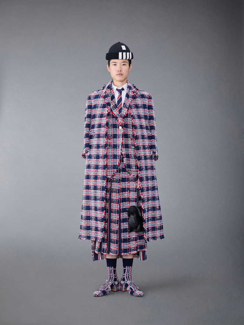 Prince of Wales Check Frayed Chenille Tweed Elongated Bal Collar Coat 3