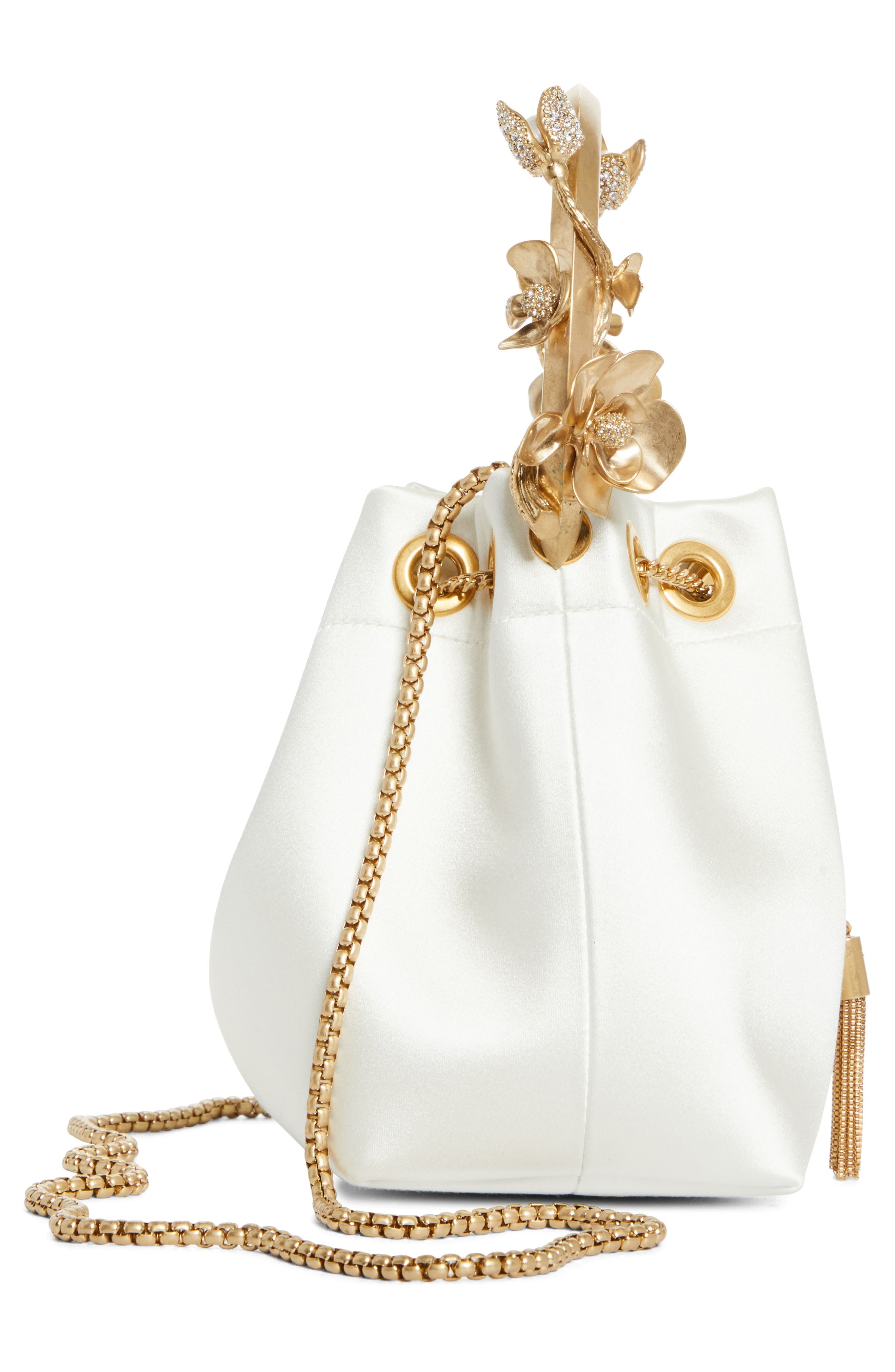 Jimmy Choo Bon Bon Floral Crystal Embellished Drawstring Top Handle Pouch in Ivory/Gold at Nordstrom - 7