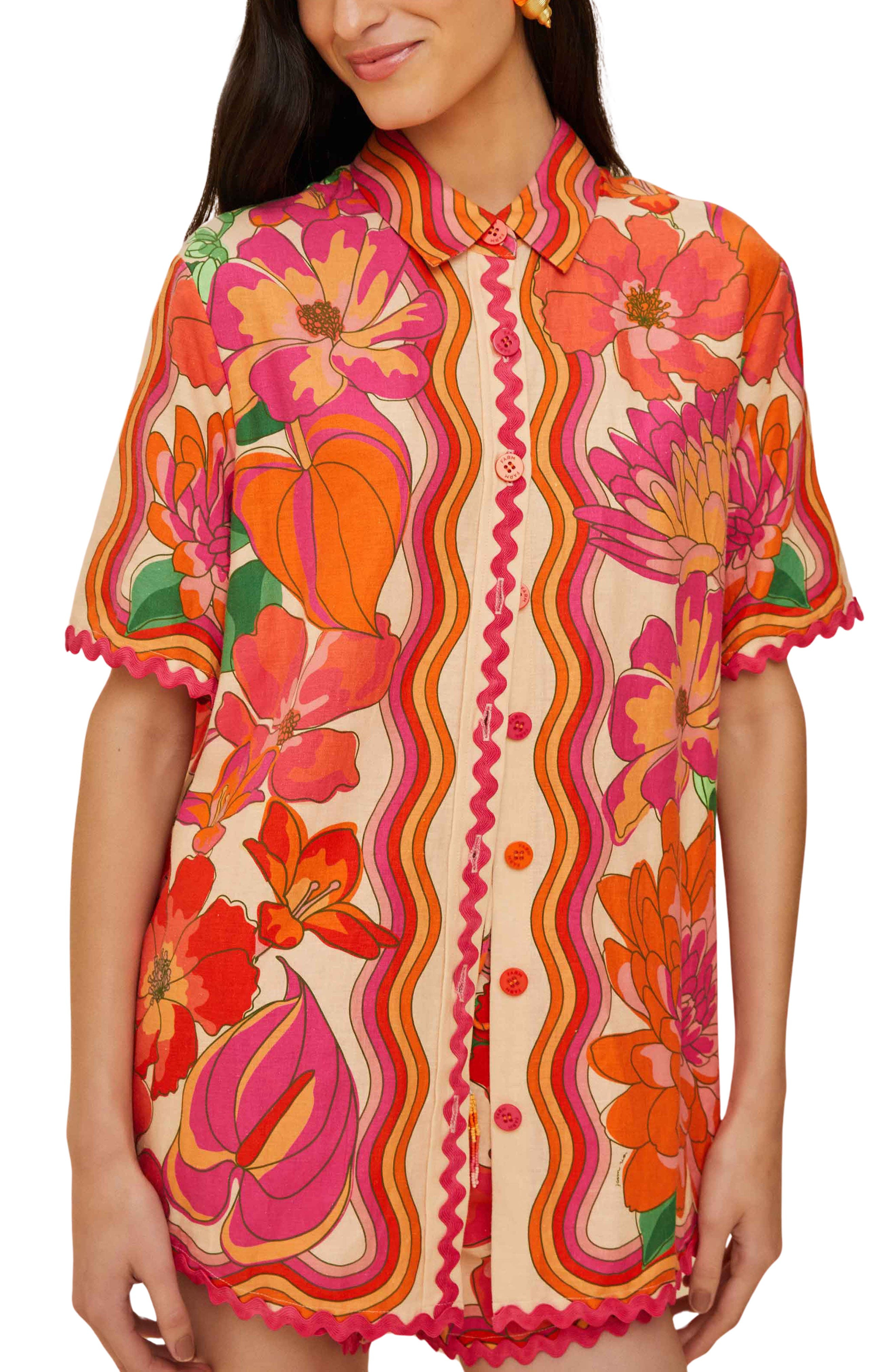 FARM Rio Spring Affair Rickrack Trim Button-Up Shirt in Beige at Nordstrom - 1