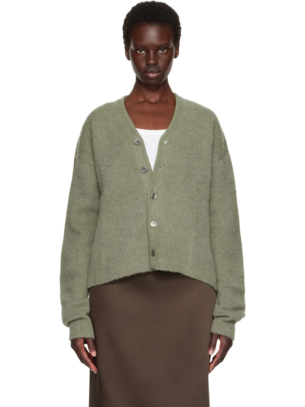 Green Brushed Mohair V-neck Cardigan - 1