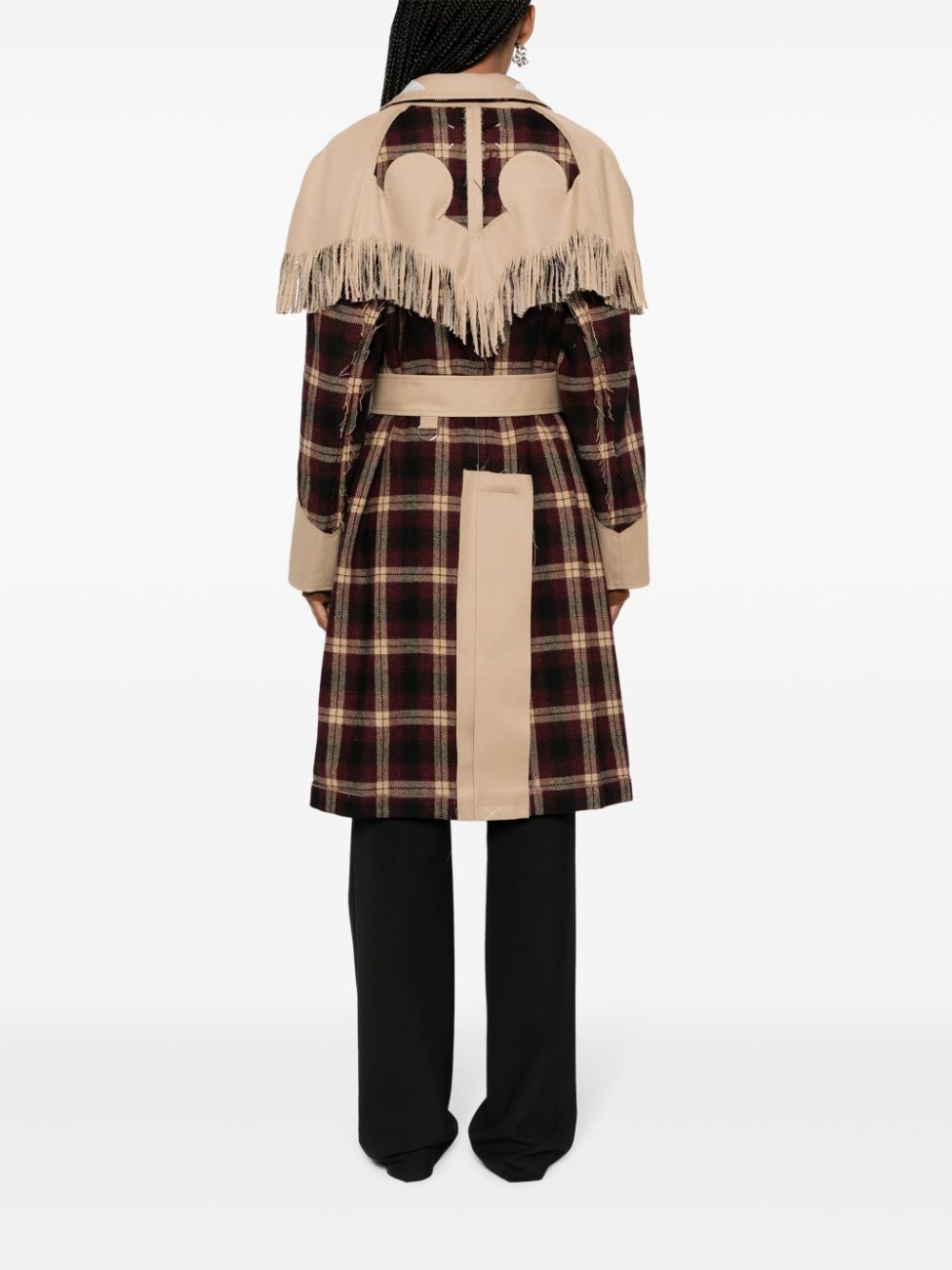 check-pattern fringed wool coat - 4