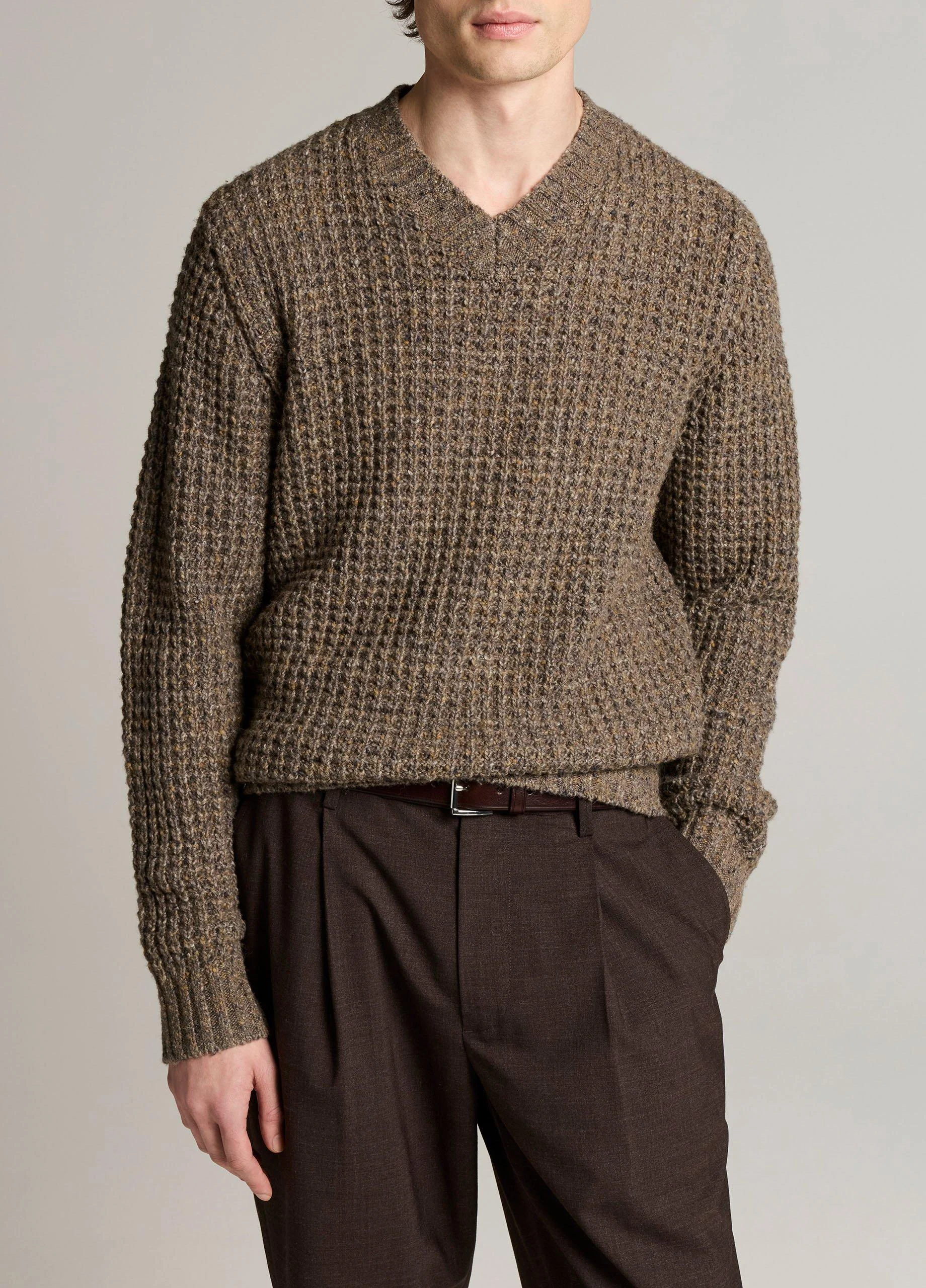 Donegal Waffle Merino Wool-Blend V-Neck Sweater - 1