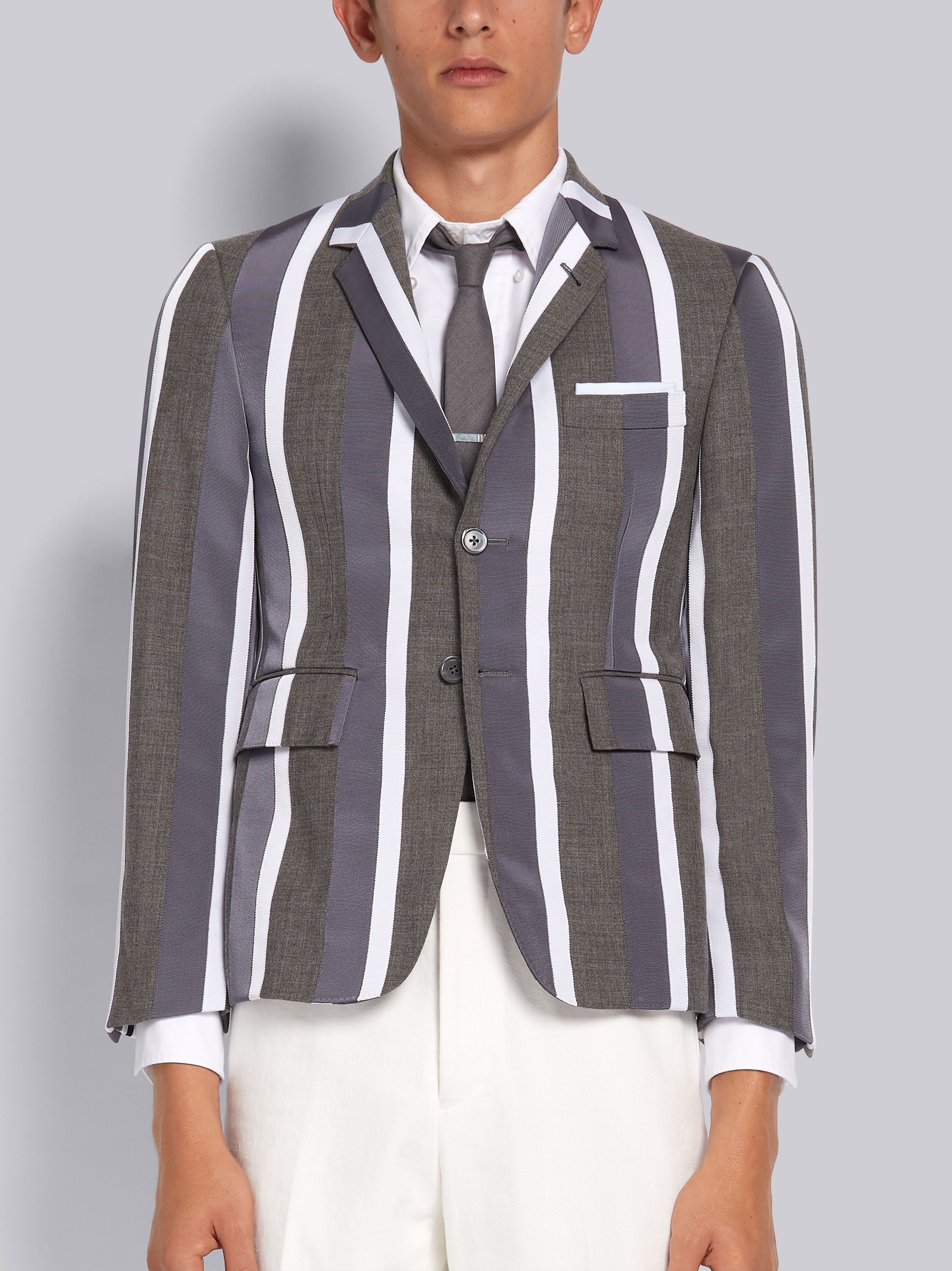 Medium Grey Wool Applied Grosgrain Repp Stripe Classic Jacket - 1