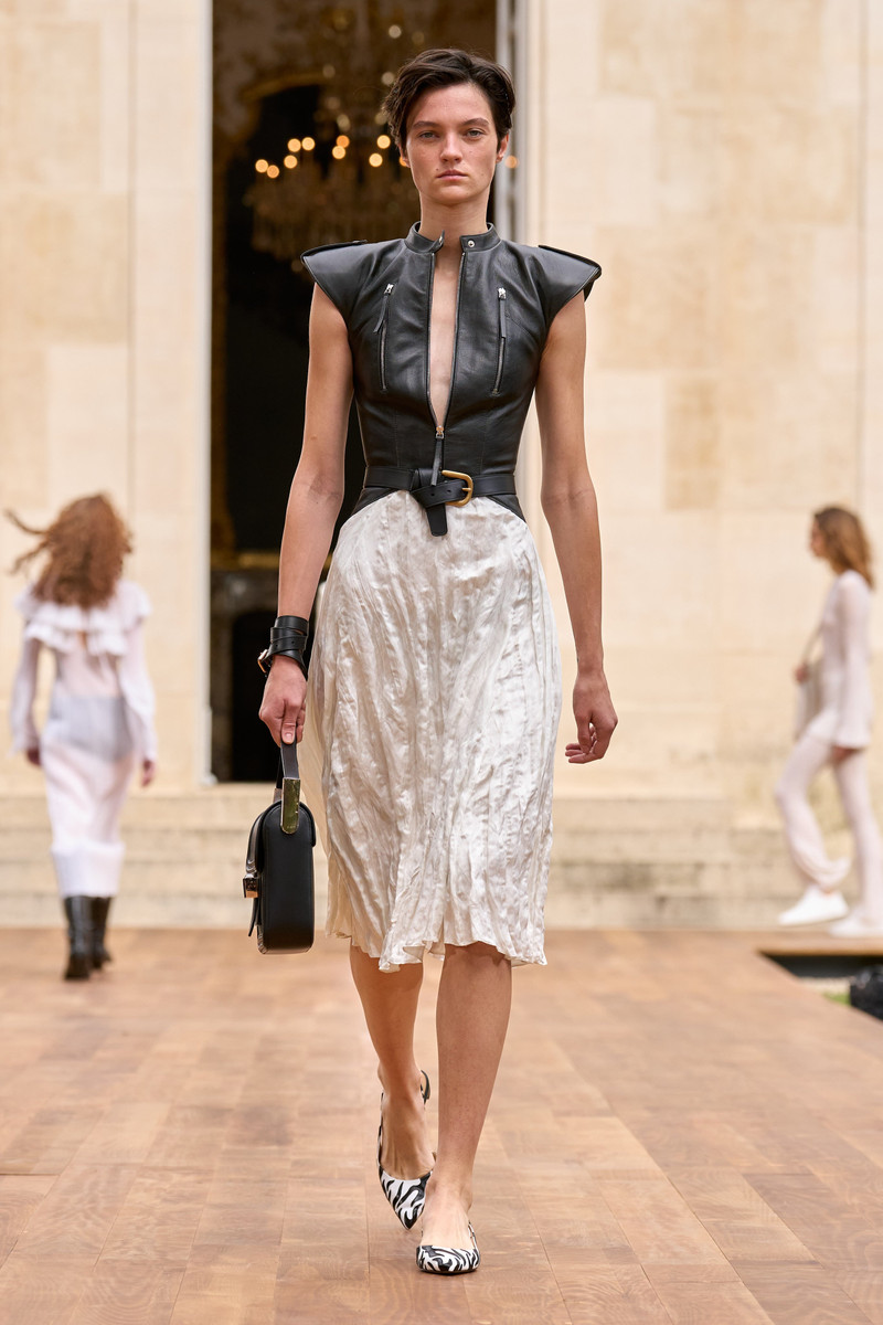 GABRIELA HEARST Athena Moto Midi Dress in Black Leather & Ivory Metallic Crinkled Silk outlook