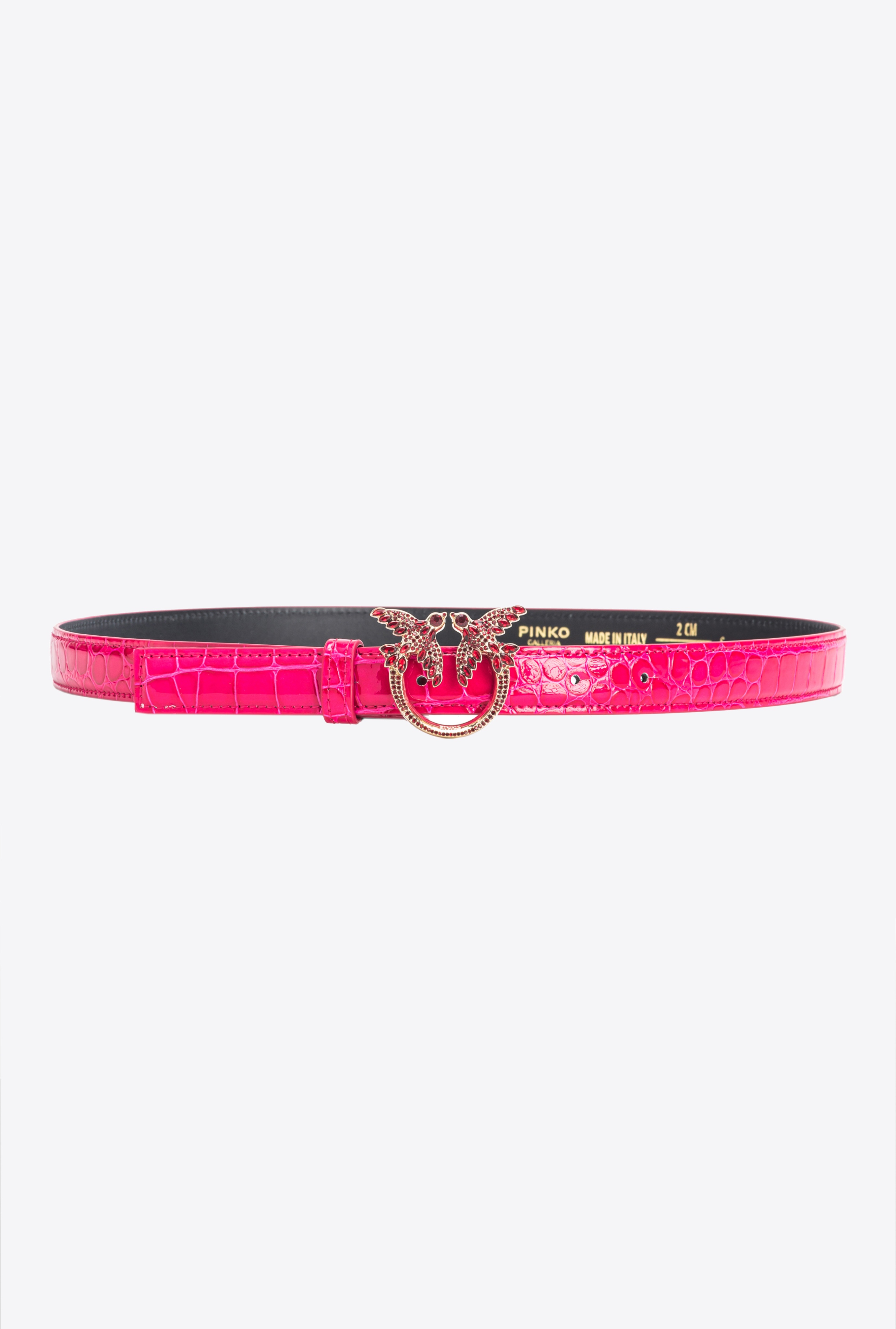 PINKO GALLERIA THIN 2CM SHINY COLOURED CROC-PRINT BELT WITH LOVE BIRDS BUCKLE - 1