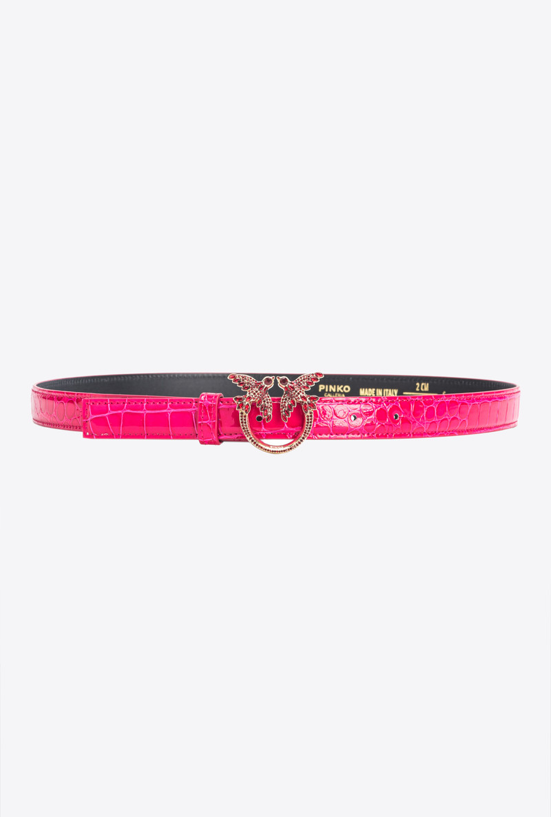 PINKO GALLERIA THIN 2CM SHINY COLOURED CROC-PRINT BELT WITH LOVE BIRDS BUCKLE 1