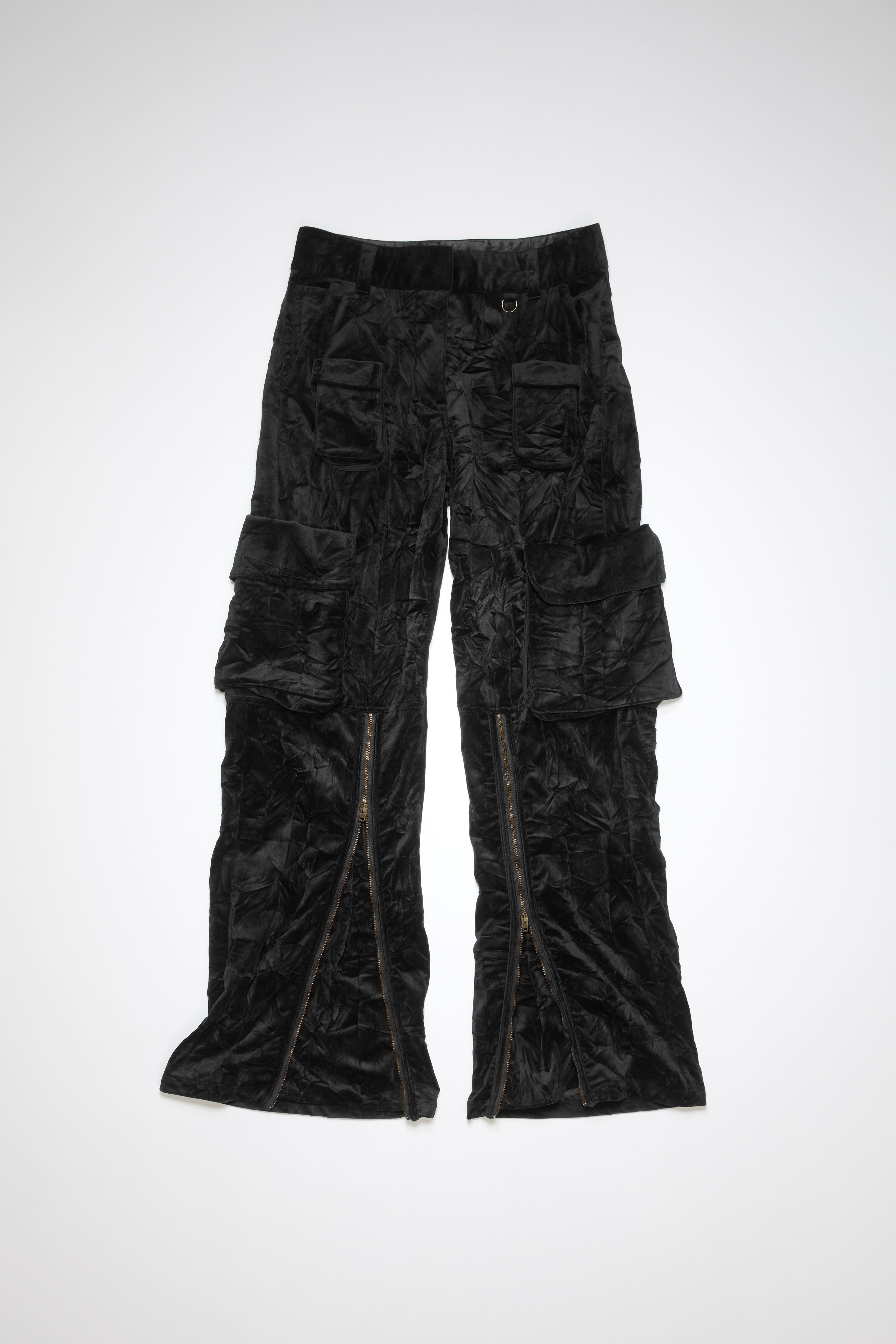 Crinkled velvet cargo trousers - Black - 1