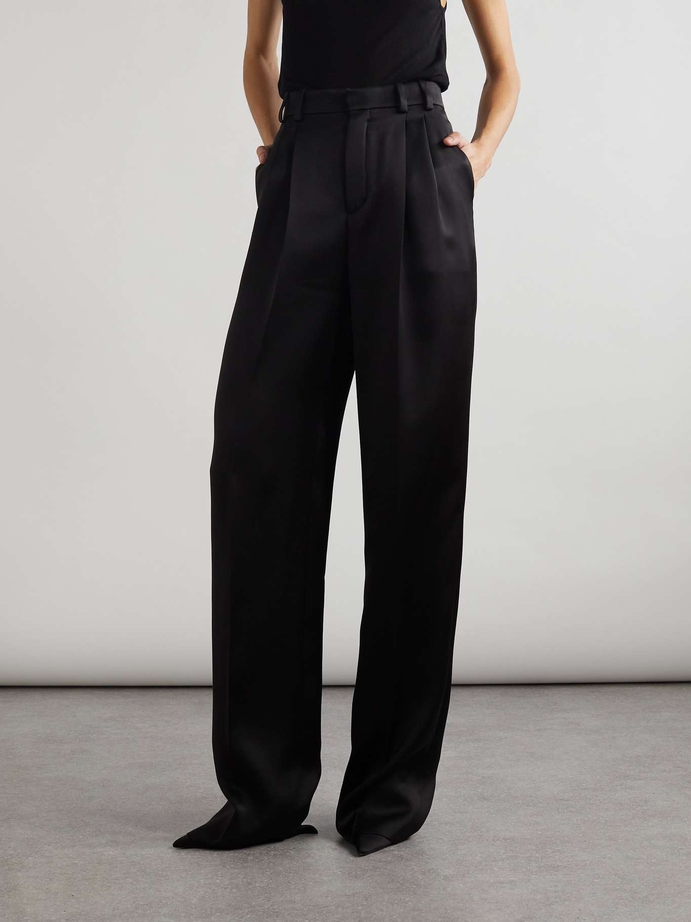 Pleated silk-satin straight-leg pants - 3