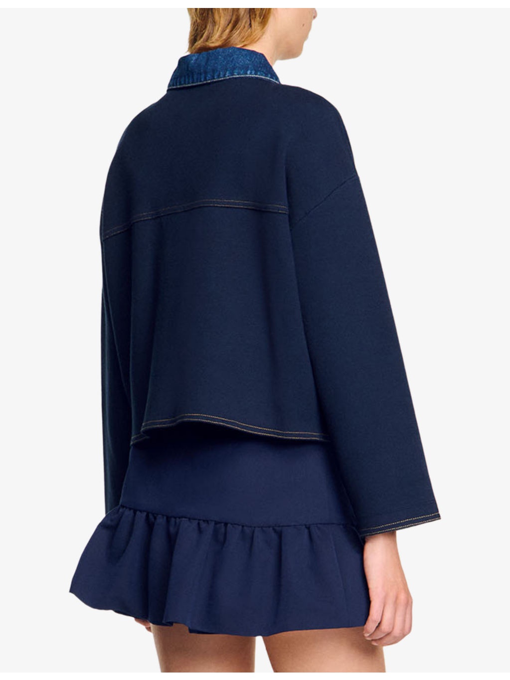 Pointed-Collar Denim-Trim Cardigan - 4