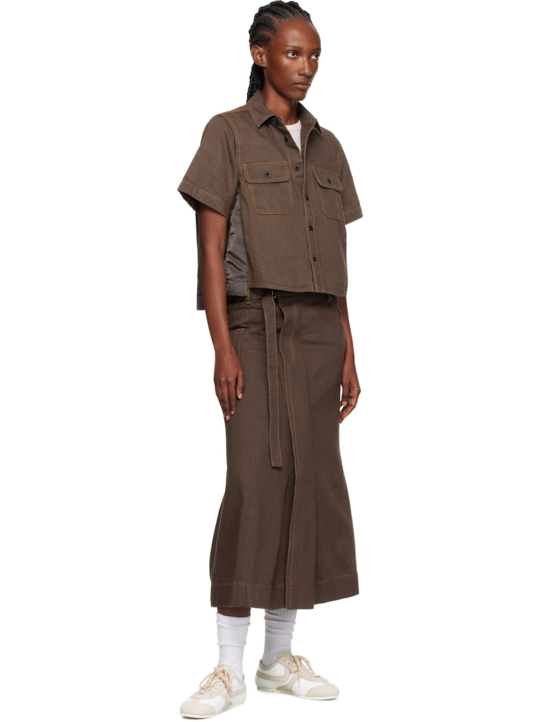 Brown Asymmetrical Denim Midi Skirt - 4