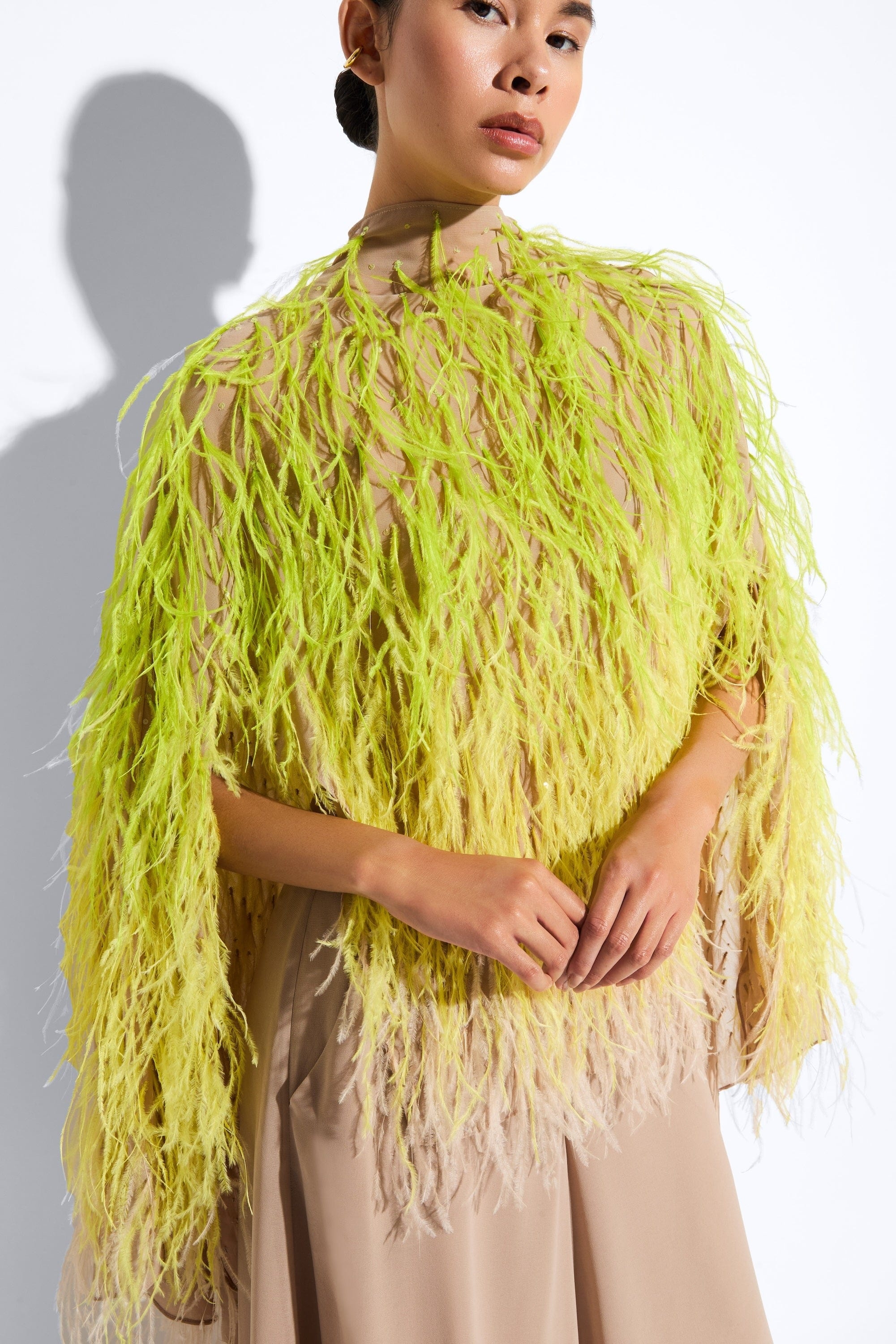 Lightweight Georgette Oversized Cape Tee With Feathers - 4