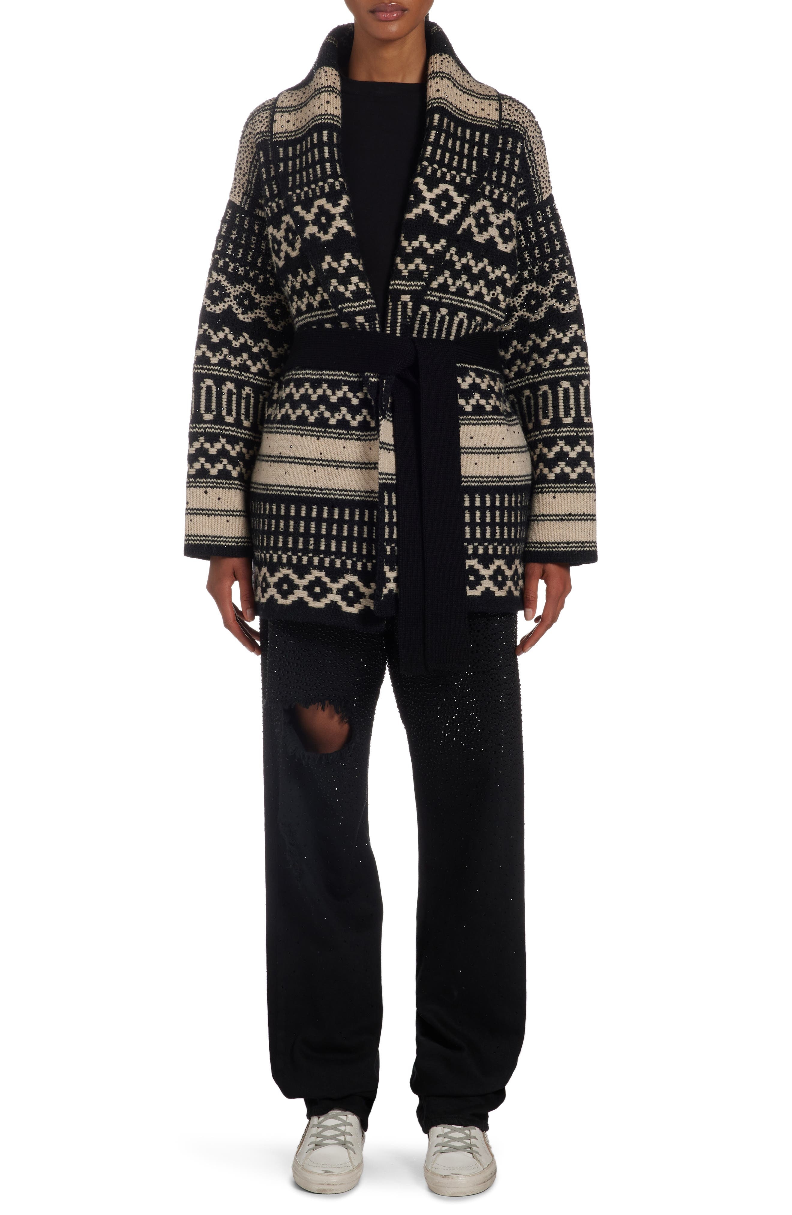 Golden Goose Studded Nordic Jacquard Wool Wrap Cardigan in Black/Ecru at Nordstrom - 2