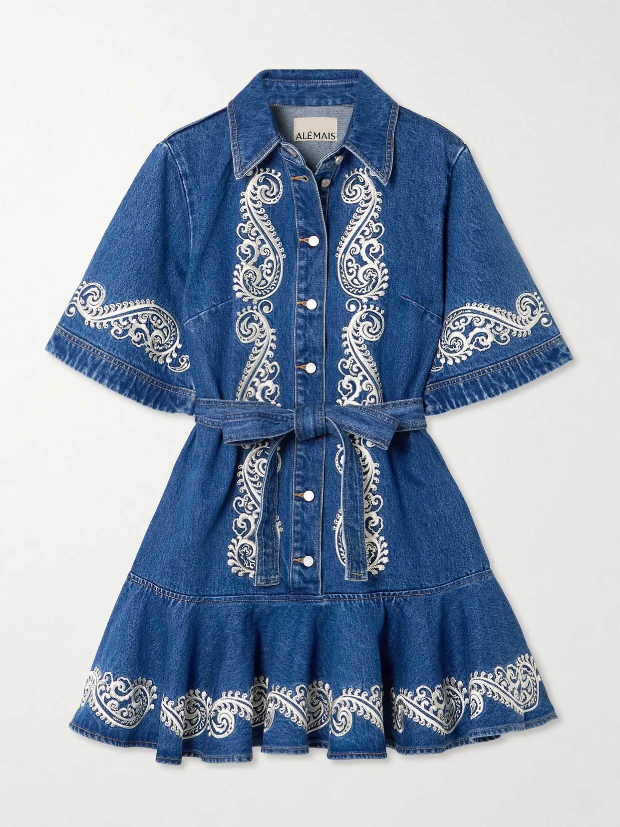 Jacones Belted Embroidered Denim Mini Dress - 1
