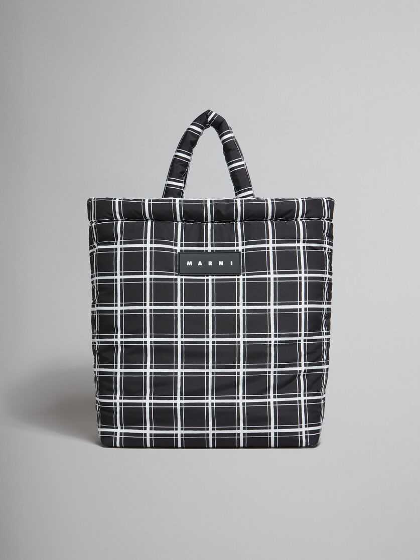 BLACK CHECKED NYLON PUFF TOTE BAG - 1