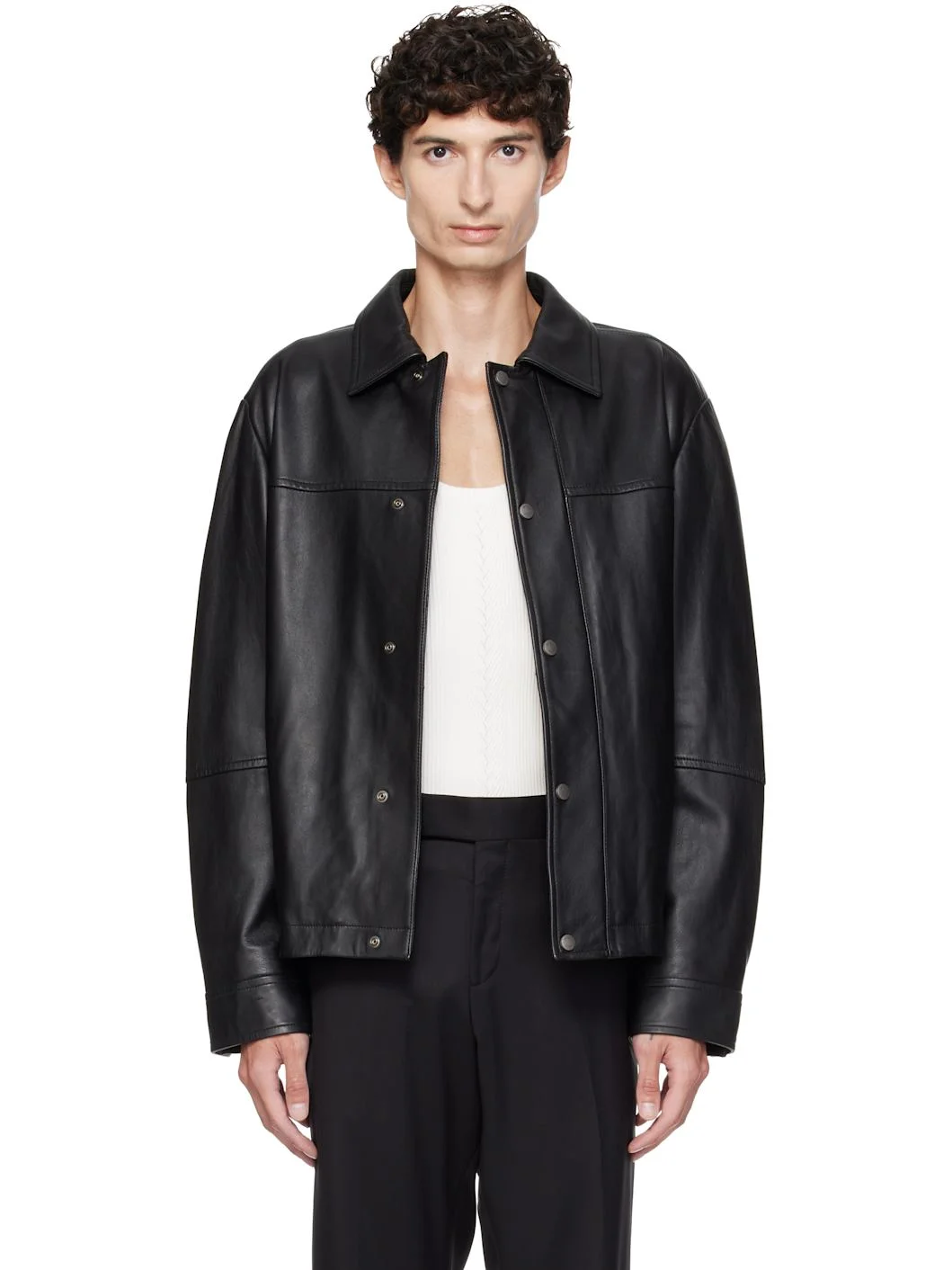 Black Regular-Fit Metal Logo Buttons Leather Jacket - 1