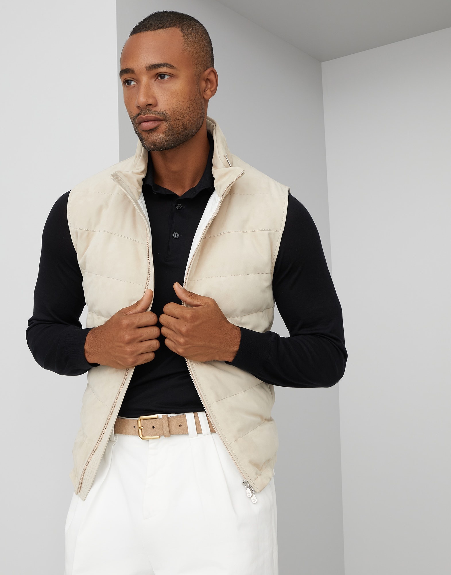 Suede down vest with packable hood - 4