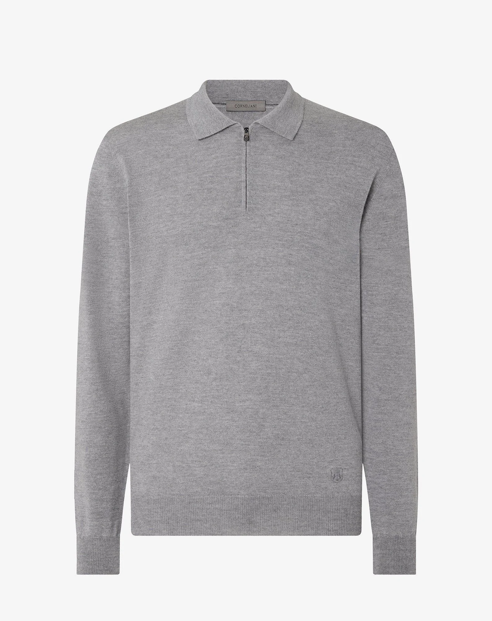 Light melange grey zip-up extra fine wool polo shirt - 1