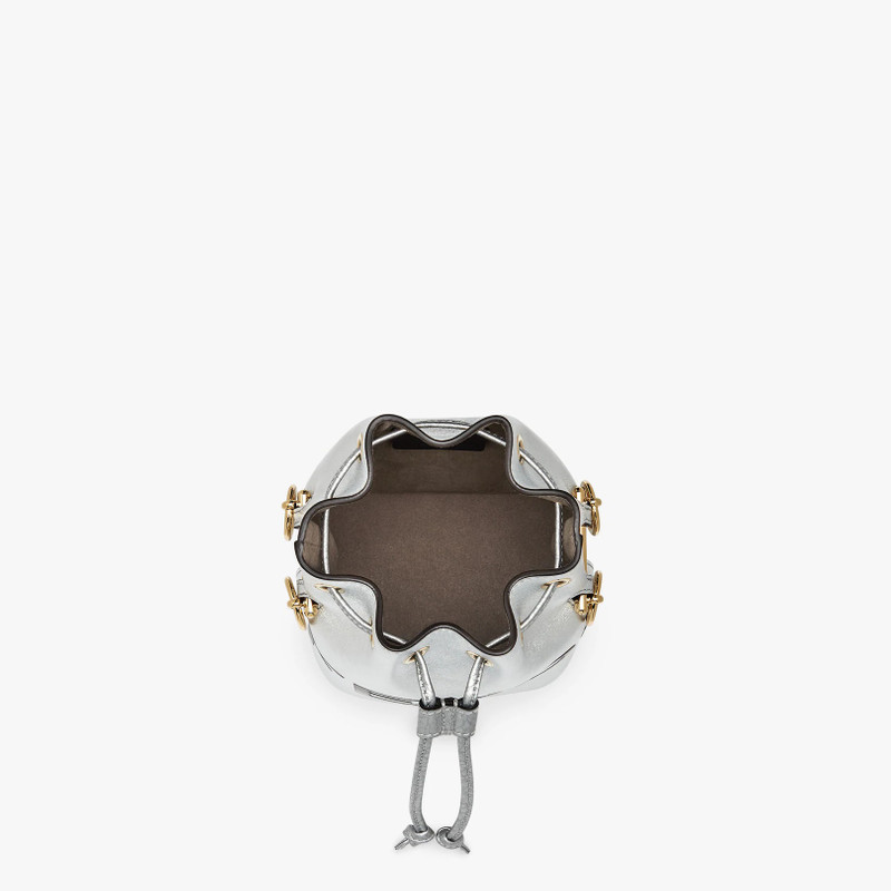 Small Mon Tresor bucket bag in silver leather, with hot-stamped graduated FENDI ROMA print. Lined in 4