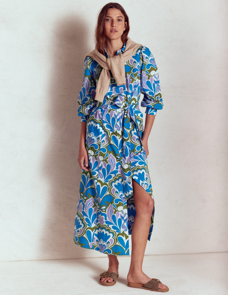 Clara Cotton Shirt Dress-Kingfisher Blue, Freesia Stamp 8