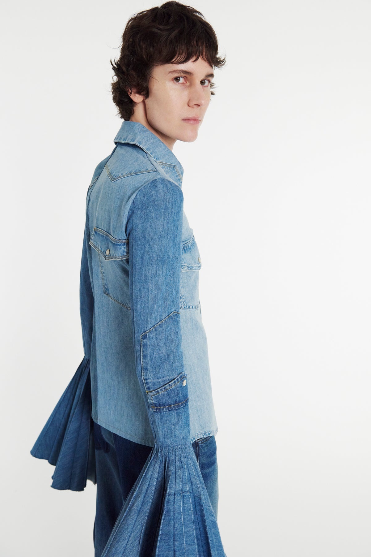 RECYCLED DENIM SHIRT WITH PLEATED BELL SLEEVES BLUE - 9