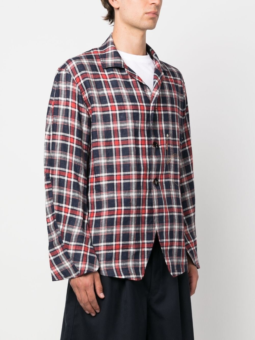 check-print linen shirt jacket - 3