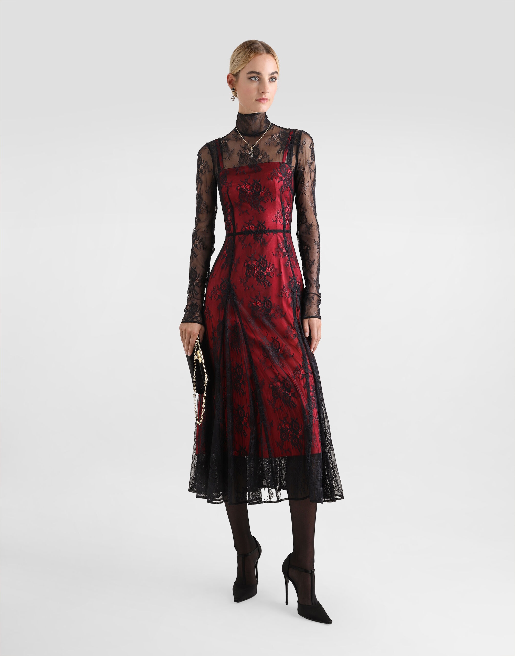Lace calf-length dress with high neck and contrasting lining - 2