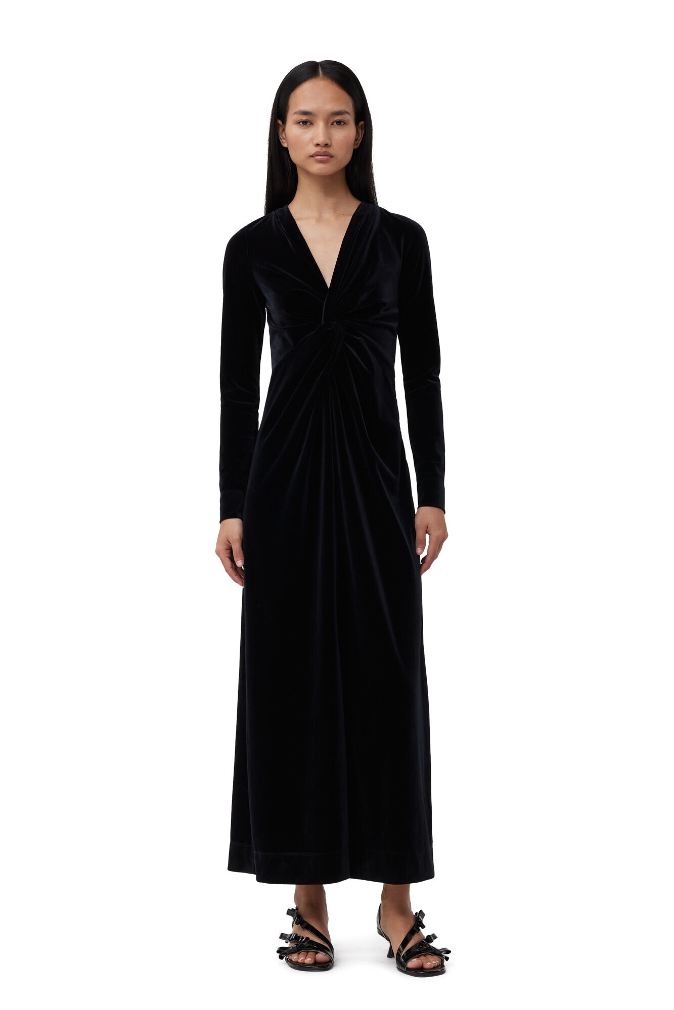 BLACK VELVET JERSEY TWIST LONG DRESS - 2