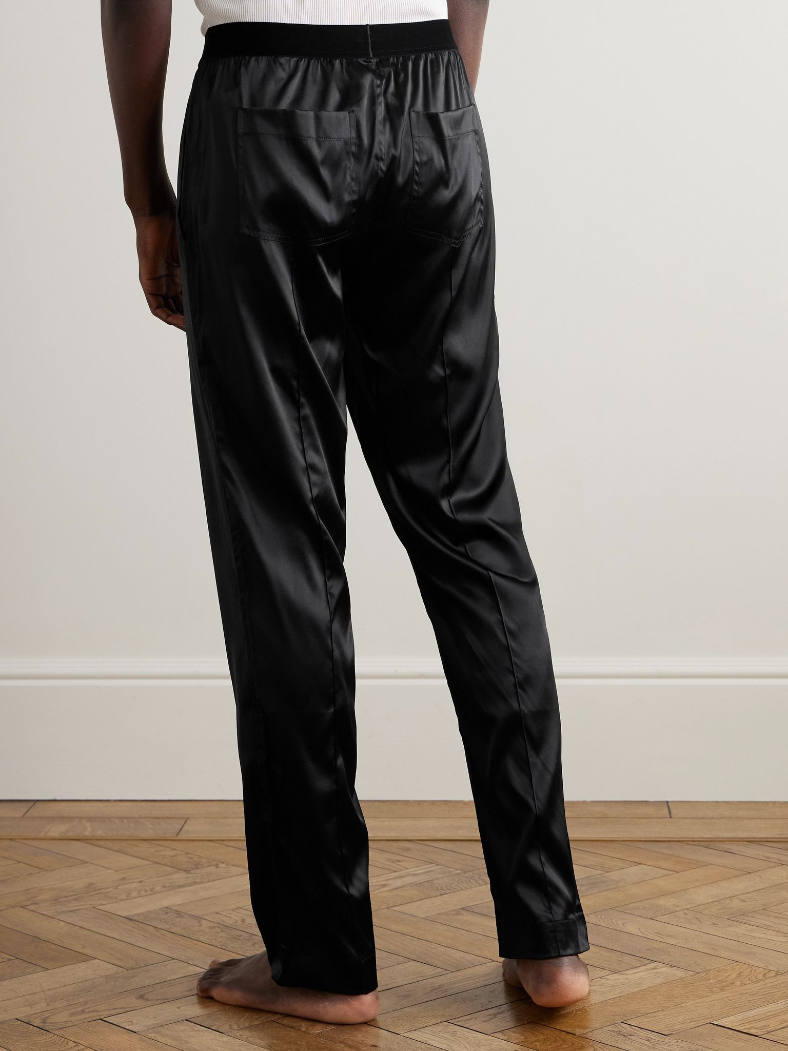 Velvet-Trimmed Stretch-Silk Satin Pyjama Trousers Black - 4