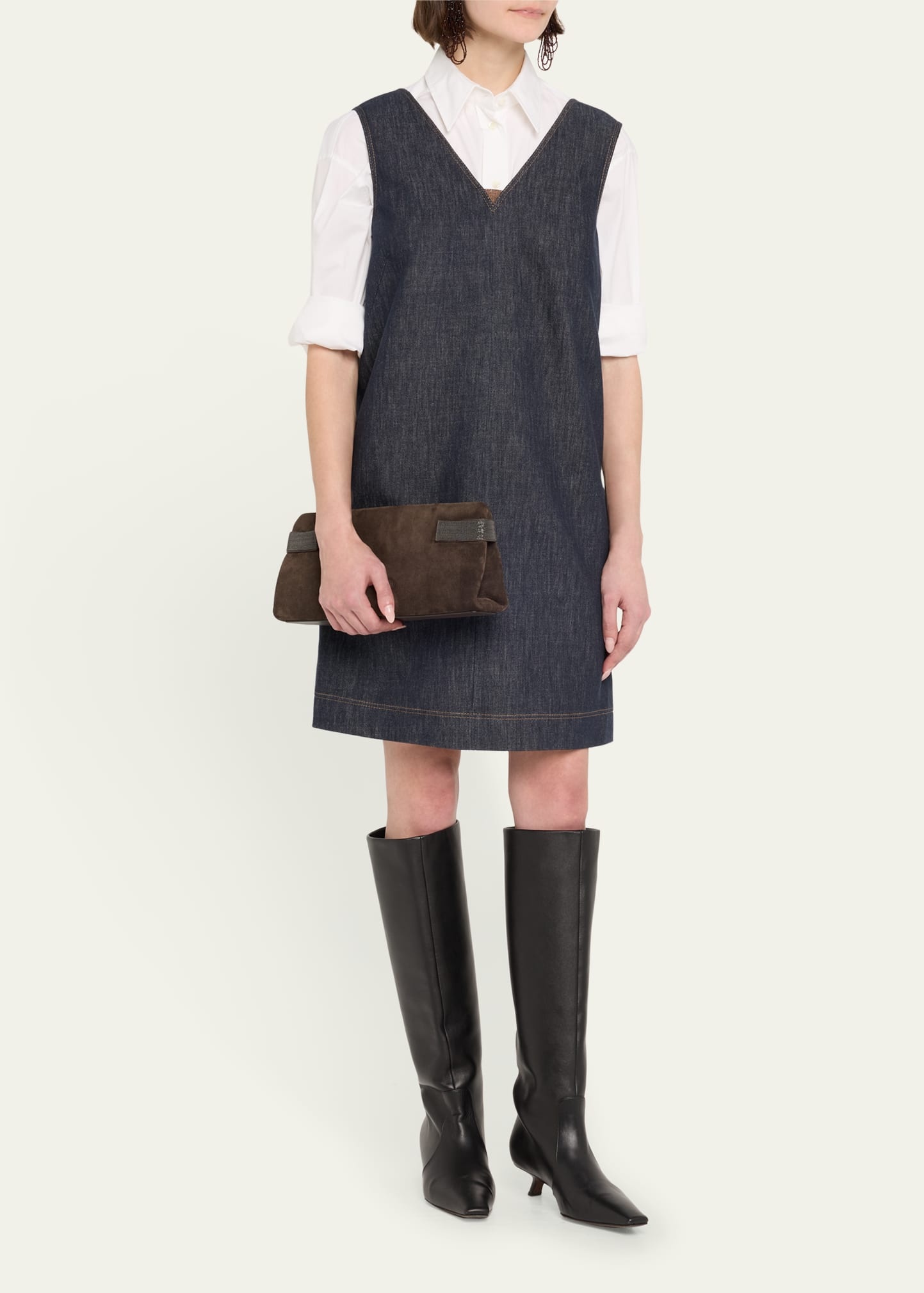 Short V-Neck Denim Tank Dress with Monili Insert - 4