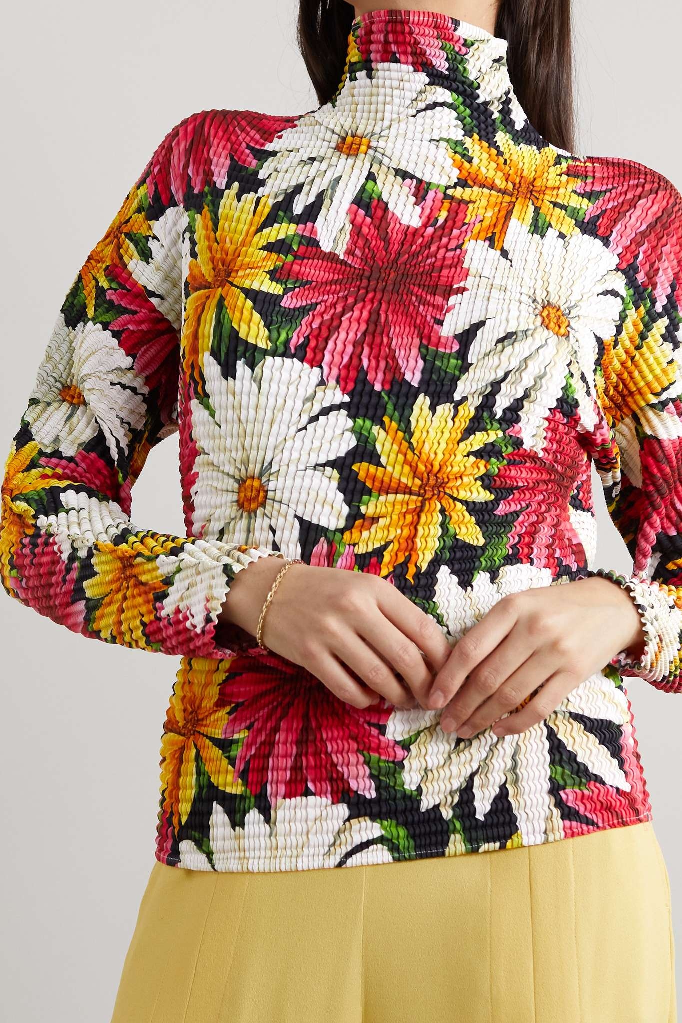 Floral-print seersucker turtleneck top - 3