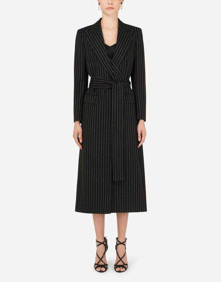 Pinstripe woolen robe coat - 1