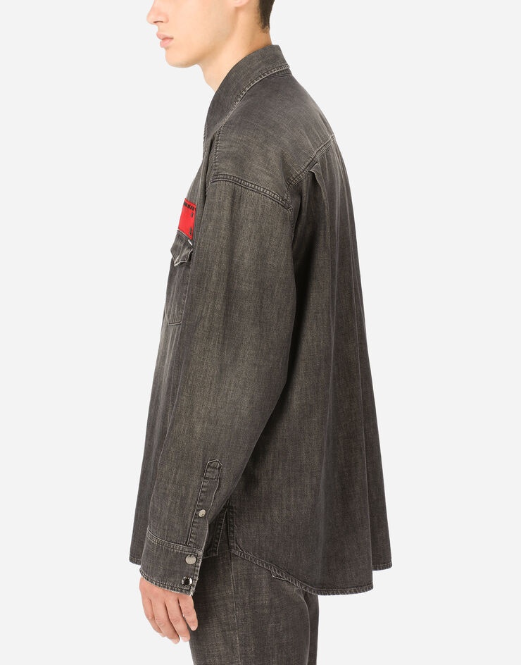 Gray wash denim shirt with patch embellishment - 5