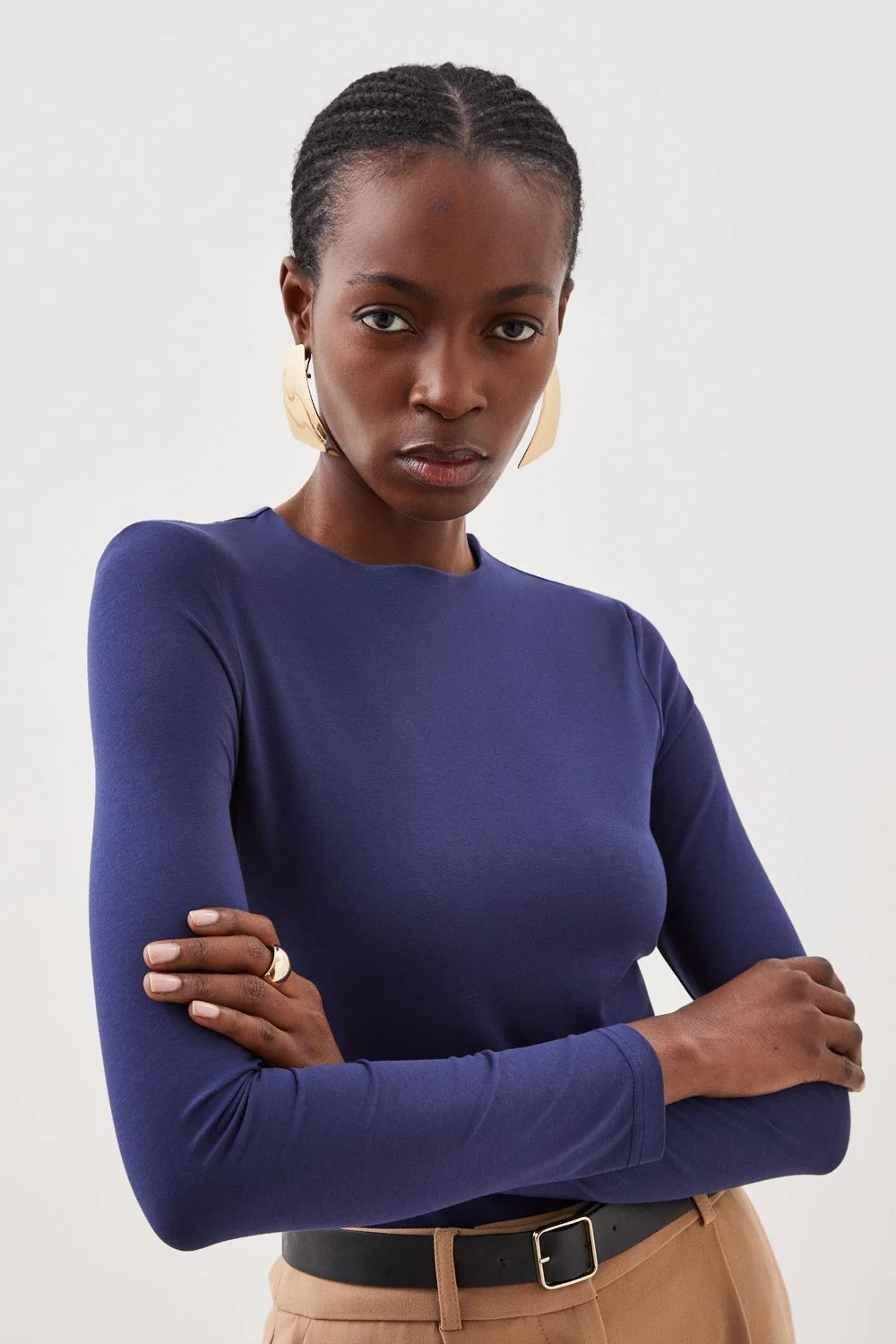 Stretch Cotton Crew Neck Long Sleeve Top - 1