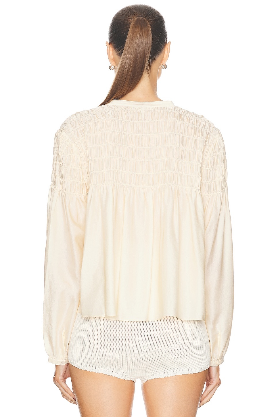 Smocked Collarless Blouse - 3