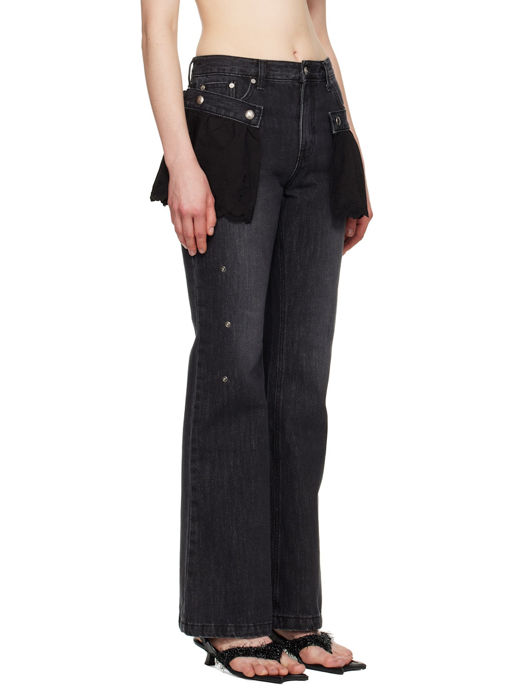 Black Flower Lace Attached Bootcut Jeans - 2