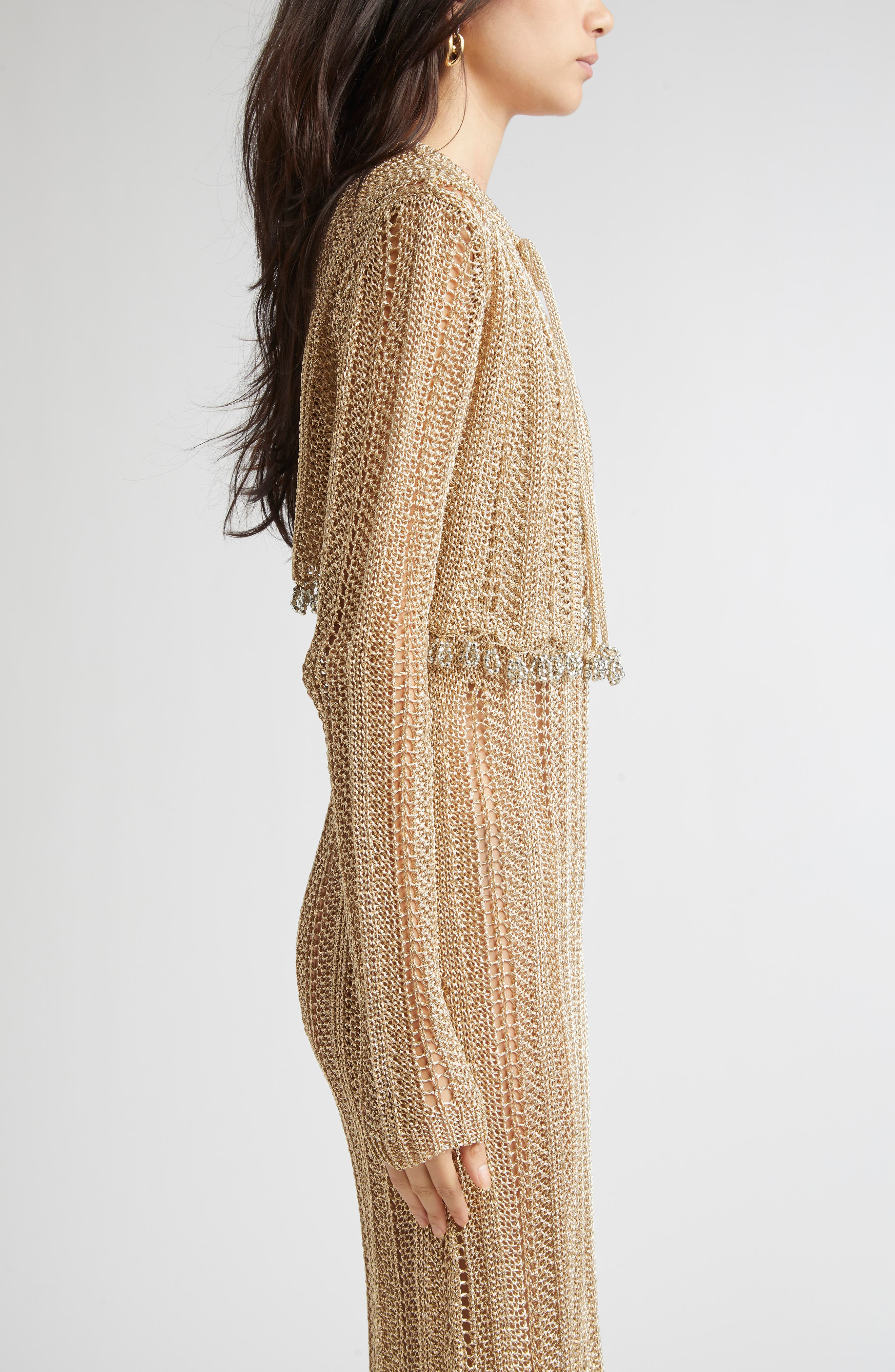Rabanne Crochet Crop Cardigan in Light Gold at Nordstrom - 3