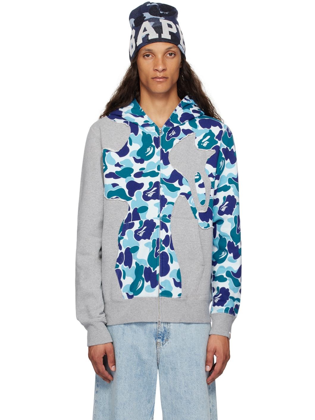 Gray & Blue ABC Camo Patchwork Full Zip Hoodie - 1